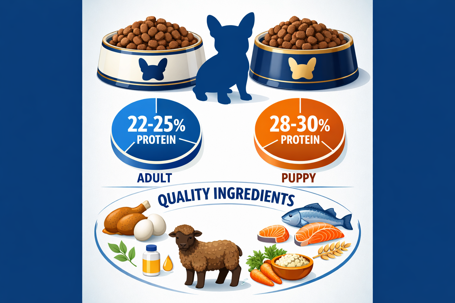 Portrait format (1024x1536) image showing premium dog food kibble in elegant bowls with French Bulldog silhouette, protein percentage charts