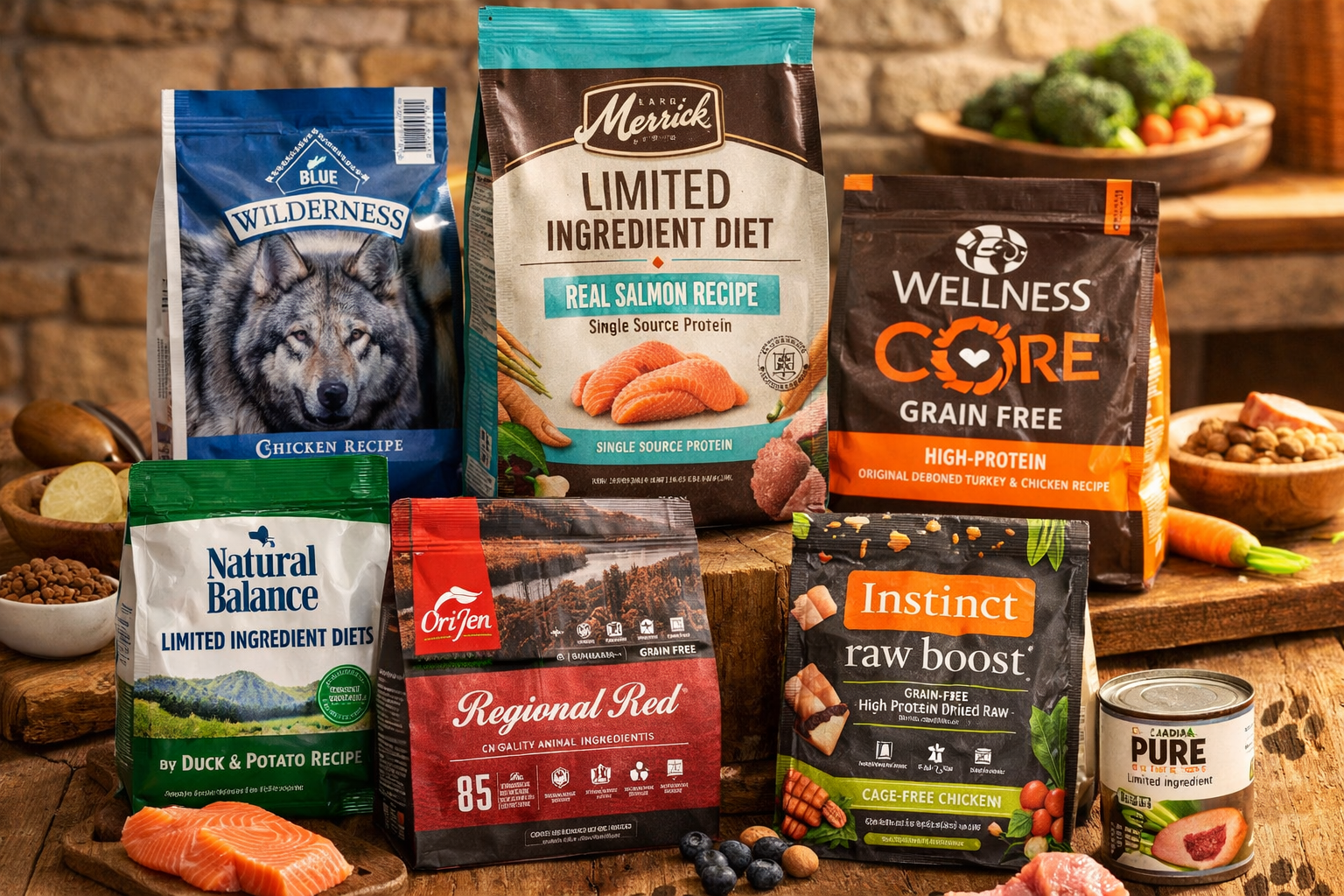 Portrait format (1024x1536) image displaying variety of healthy dog food brands in premium packaging arranged on wooden surface, French Bull