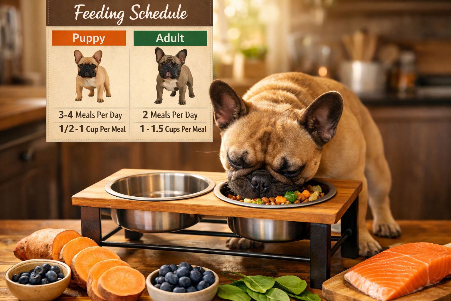 Portrait format (1024x1536) image featuring French Bulldog eating from elevated bowl with healthy ingredients scattered around including swe