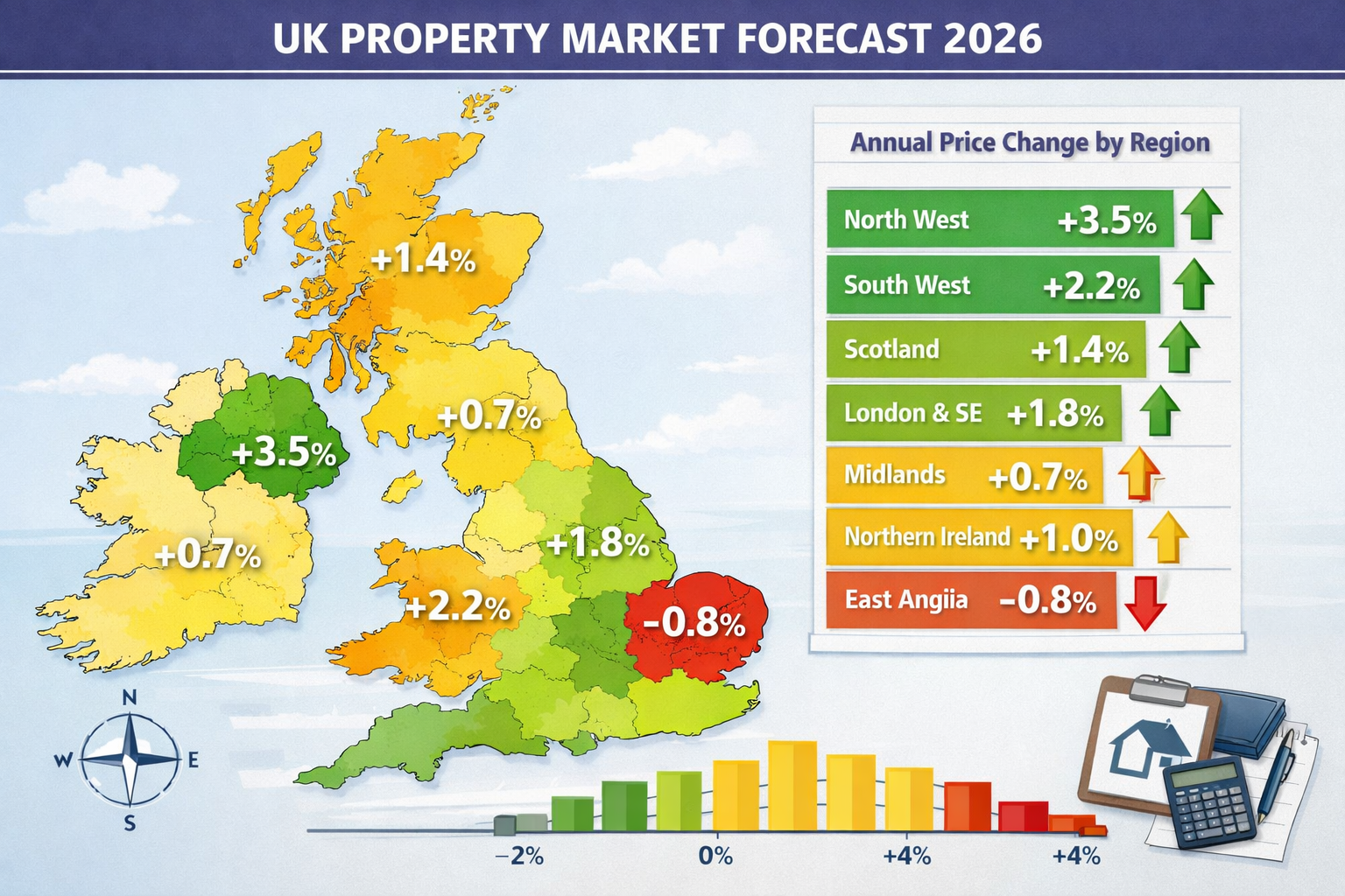 Detailed () illustration showing regional UK property price performance comparison map for 2026, with East Anglia