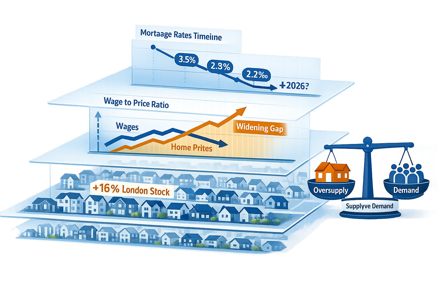 Detailed () conceptual illustration depicting affordability constraint factors affecting southern England property markets.