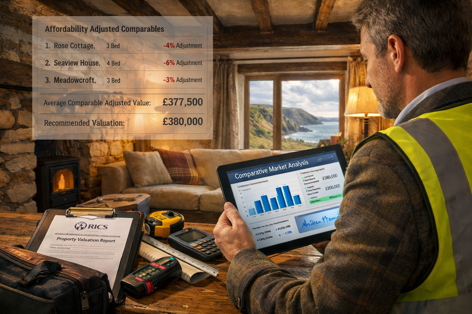 Detailed () professional scene showing chartered surveyor conducting property valuation in traditional South West cottage