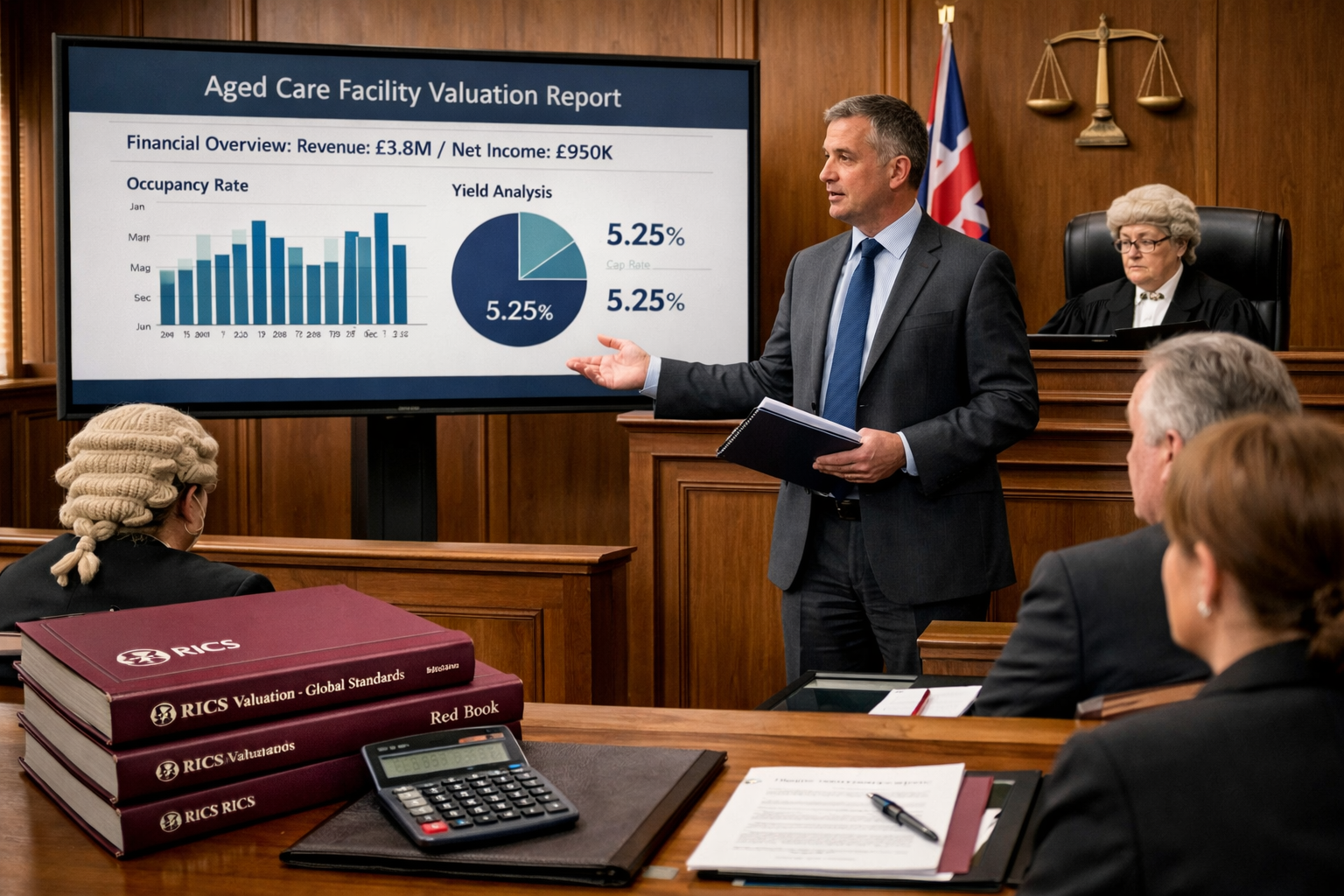 Detailed () image showing professional courtroom scene with expert witness testifying, featuring chartered surveyor in
