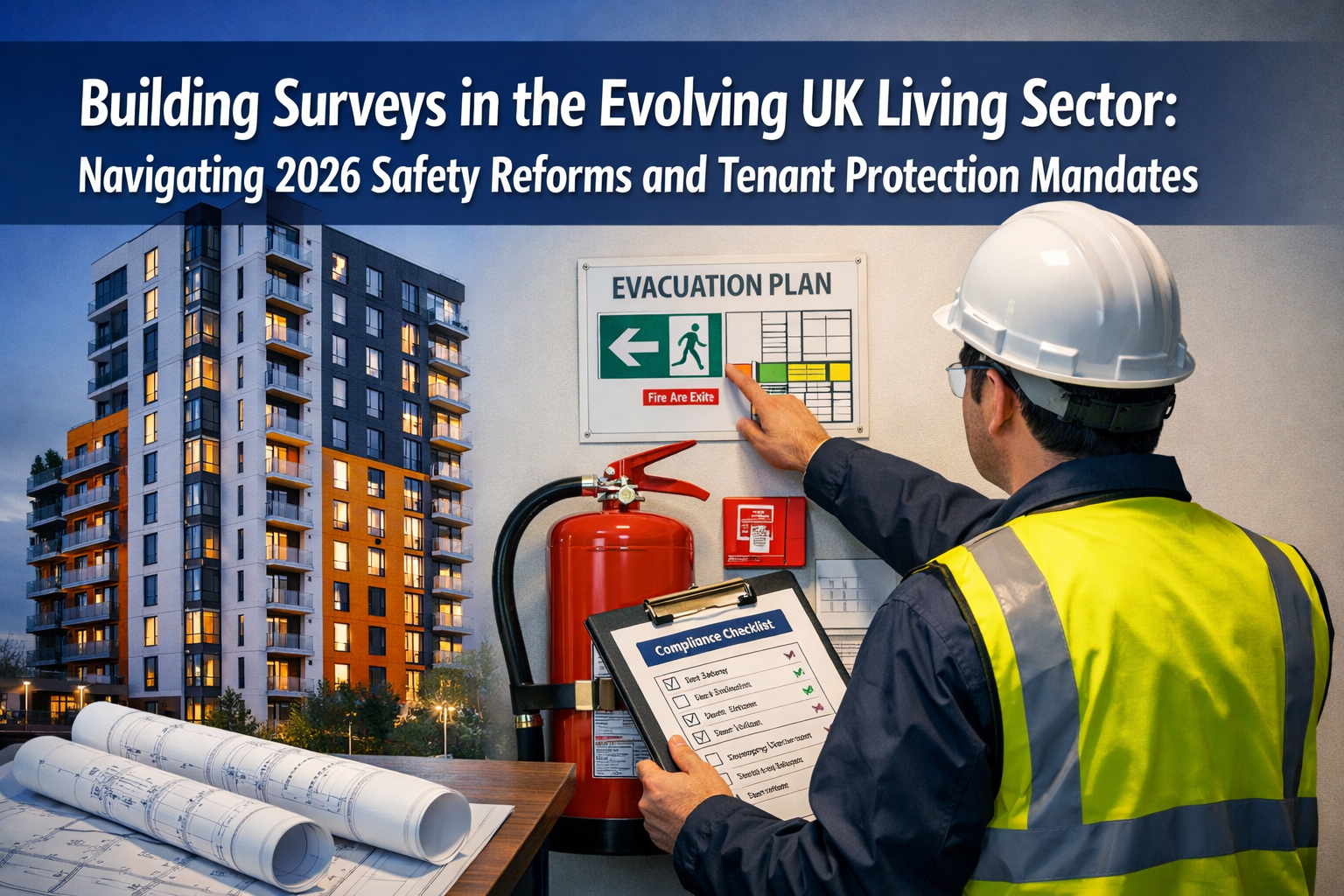 Professional () editorial hero image featuring 'Building Surveys in the Evolving UK Living Sector: Navigating 2026 Safety