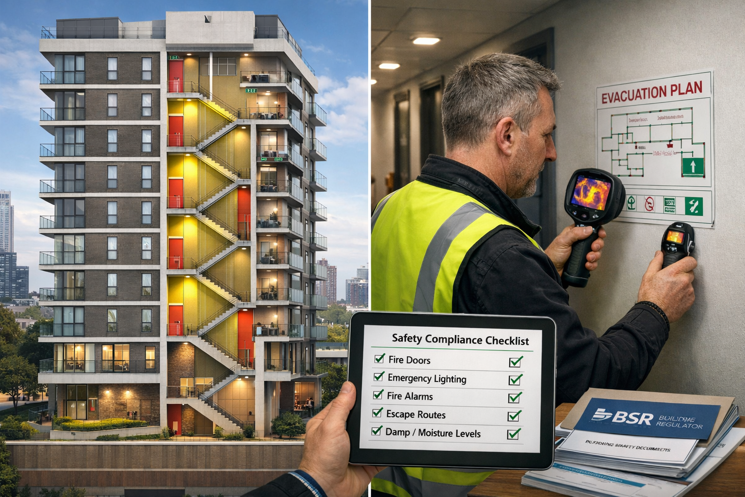 Detailed () image showing split-screen composition: left side displays UK residential tower block with visible fire safety