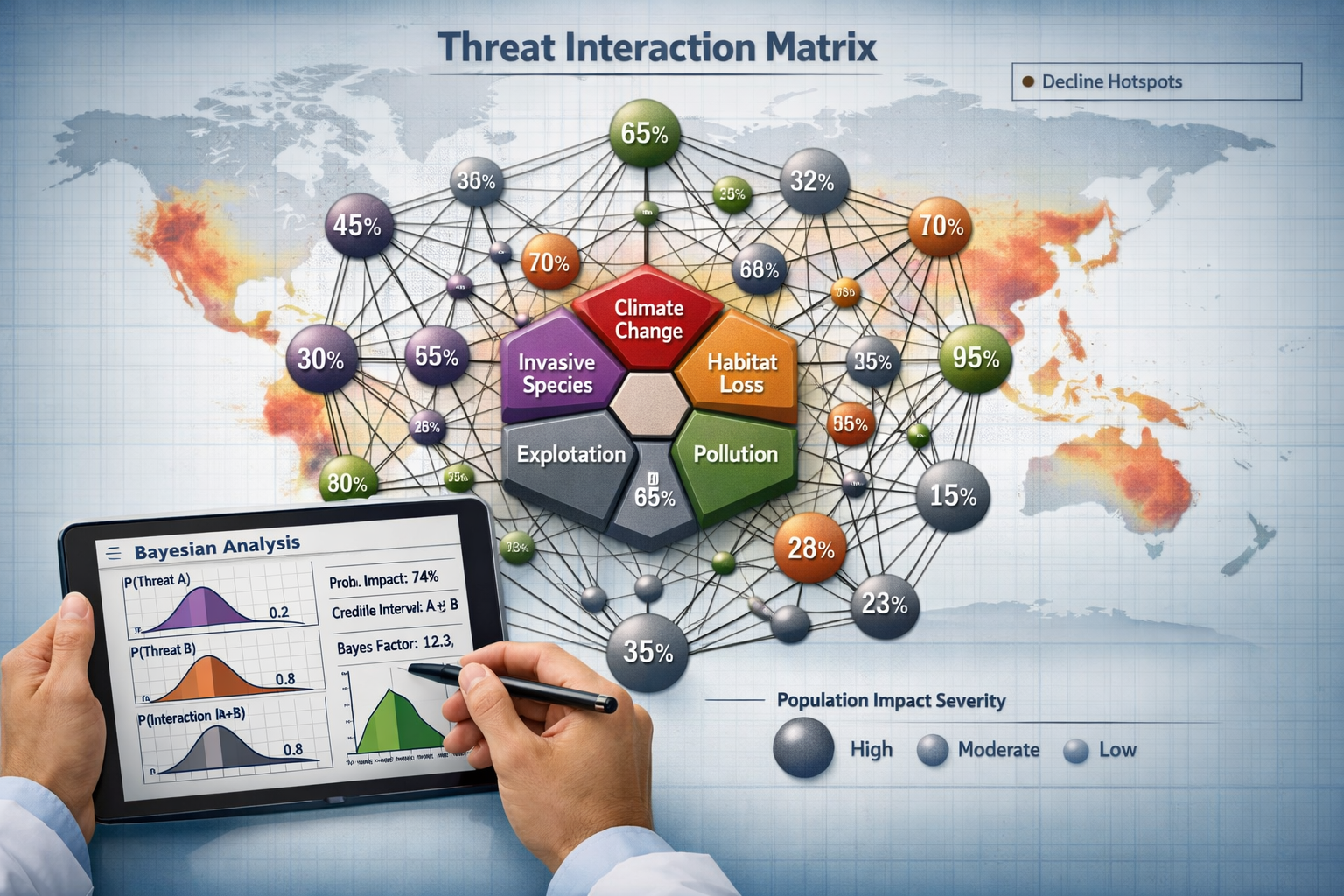 Detailed () illustration showing comprehensive threat interaction matrix as three-dimensional network diagram. Central hub
