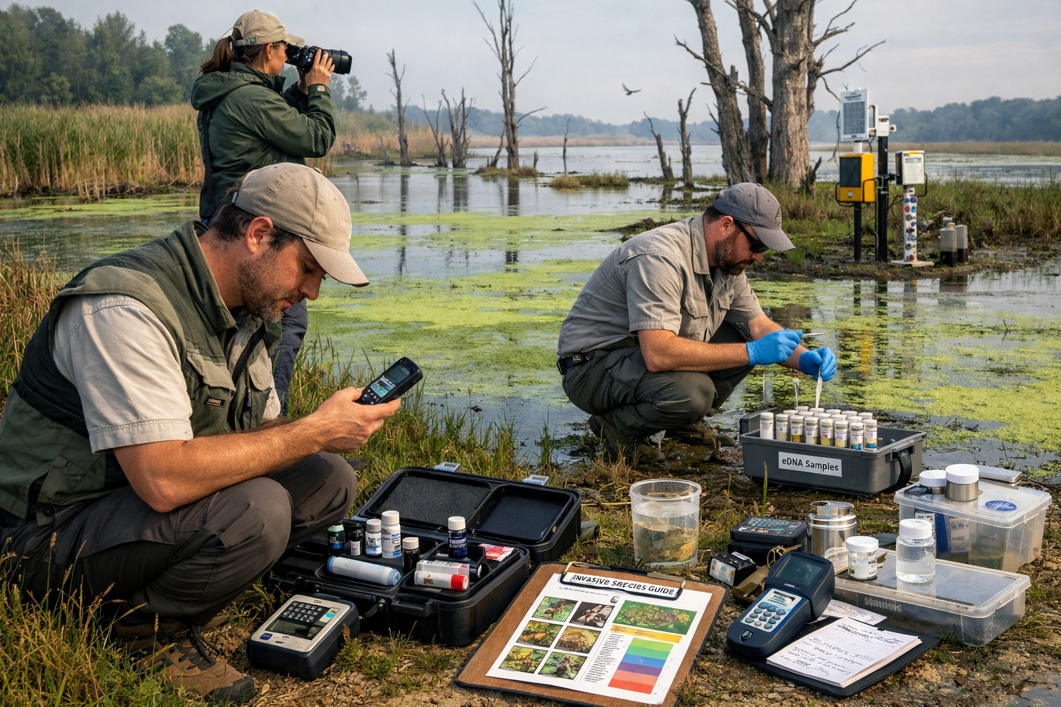 Detailed () field survey scene showing ecologist team conducting multi-pressure assessment protocol in freshwater wetland