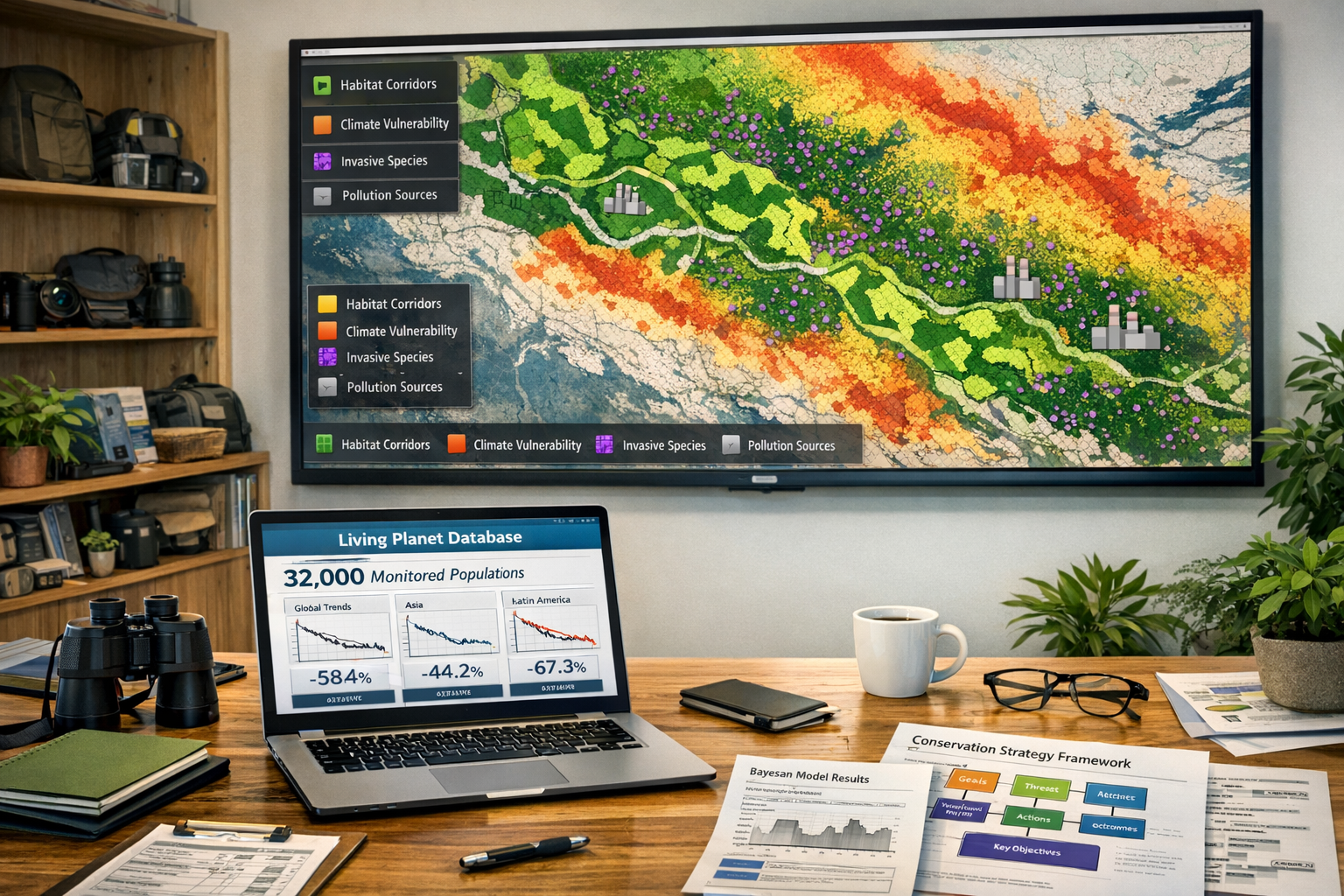 Detailed () modern conservation planning workspace showing integrated threat management framework implementation. Large