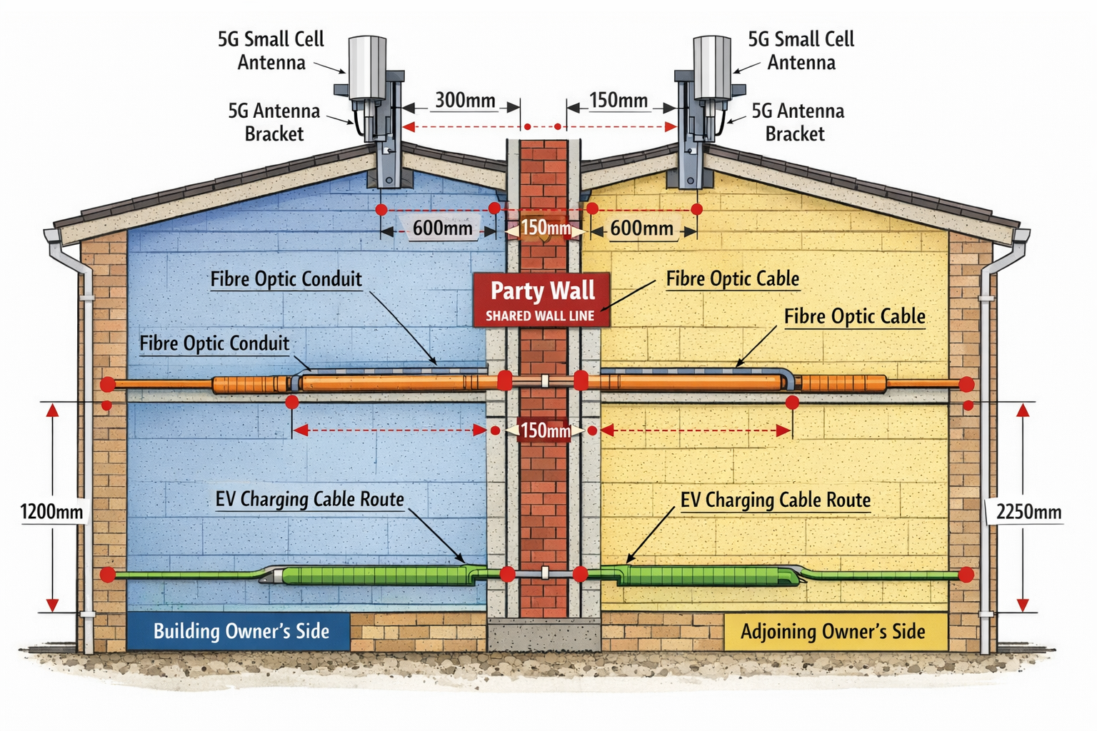() detailed technical illustration showing cross-section view of semi-detached property party wall with labeled connectivity