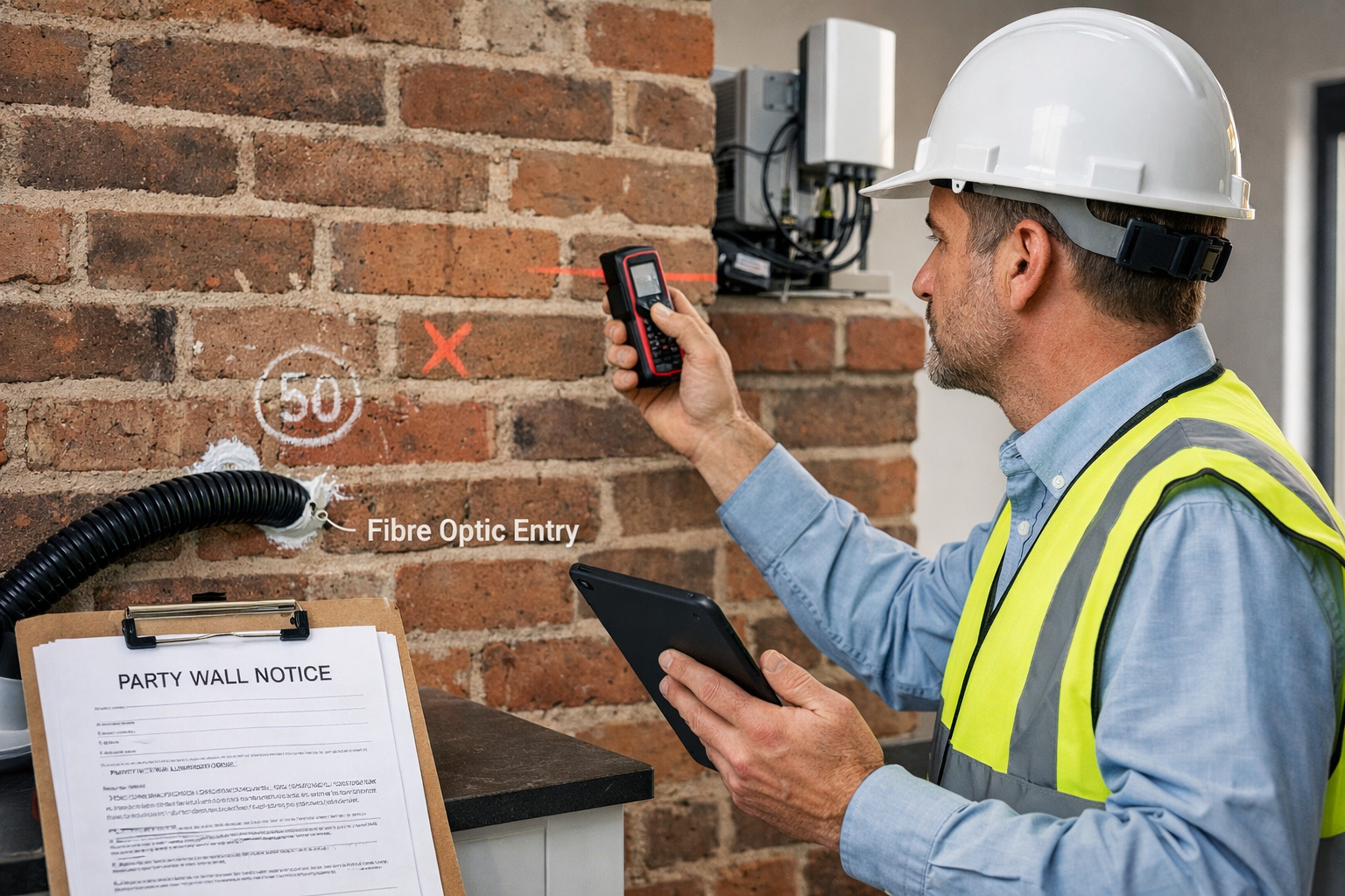 () professional photograph of qualified party wall surveyor conducting on-site inspection in modern rental property, wearing