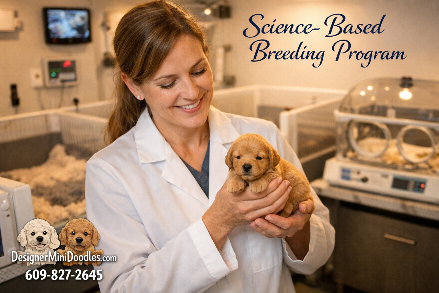 () warm professional photograph showing a veterinarian or animal biologist in a clean white lab coat holding a tiny apricot