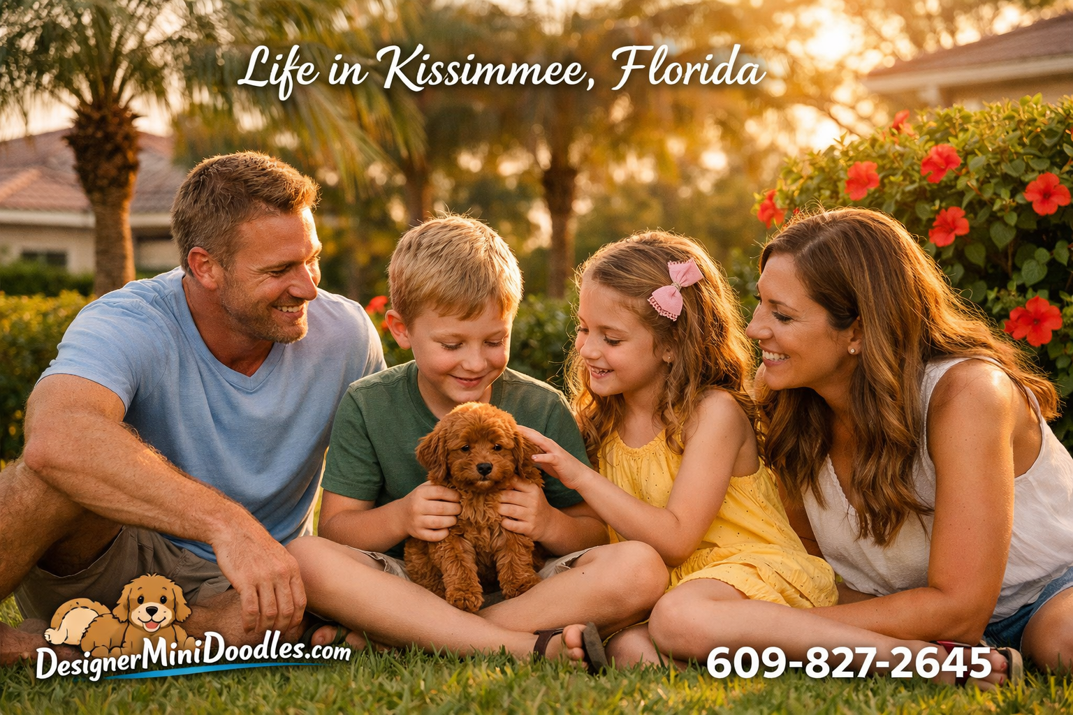 () heartwarming photograph of a family with two children playing with a tiny red micro mini goldendoodle puppy in a backyard