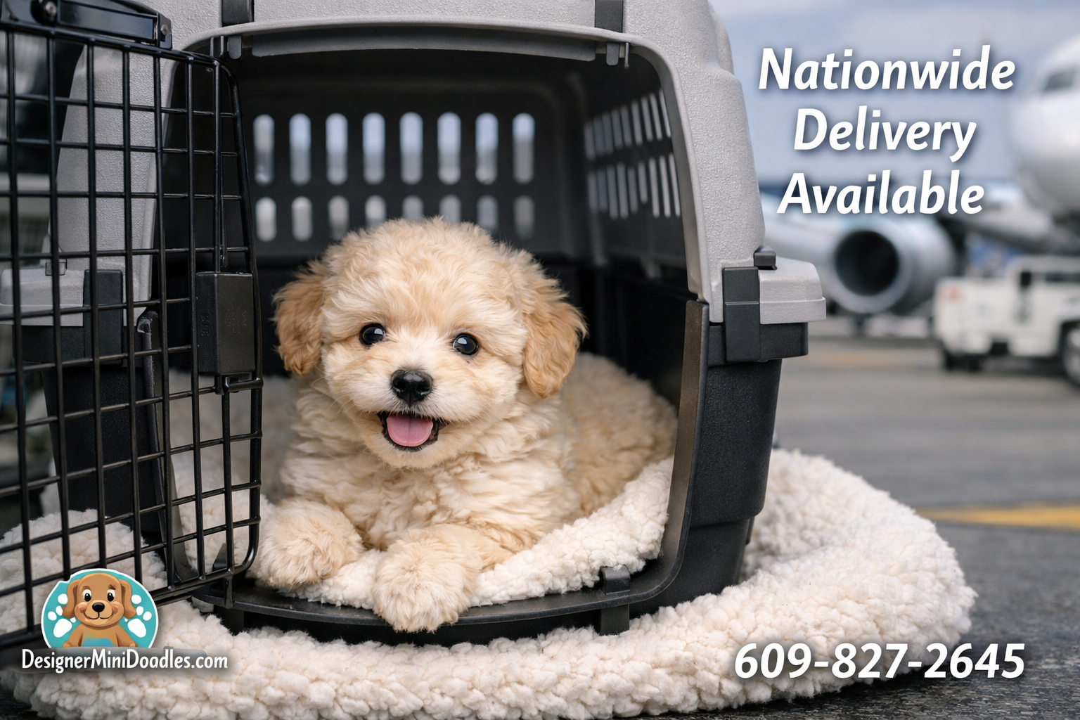 () professional photograph showing a mini goldendoodle puppy in a travel crate at what appears to be an airport or transport