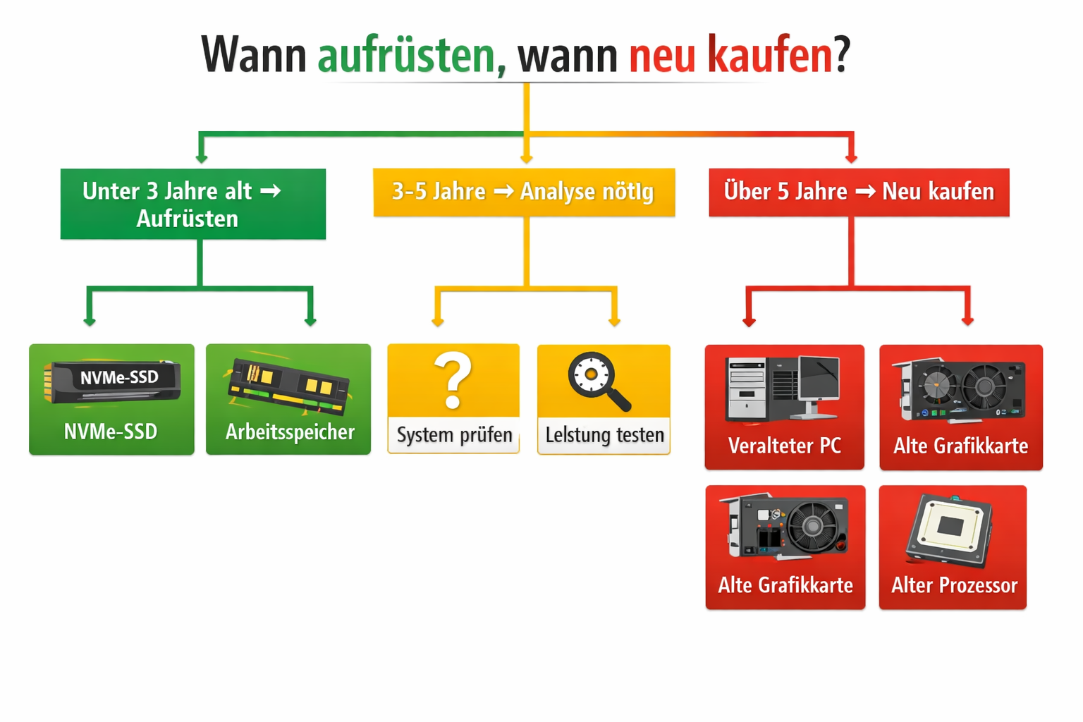 () infographic-style illustration showing a decision flowchart in German titled 'Wann aufrüsten, wann neu kaufen?' with