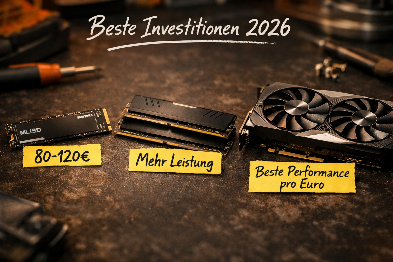 () close-up product comparison flat-lay photograph on a dark workshop surface showing PC upgrade components side by side: a