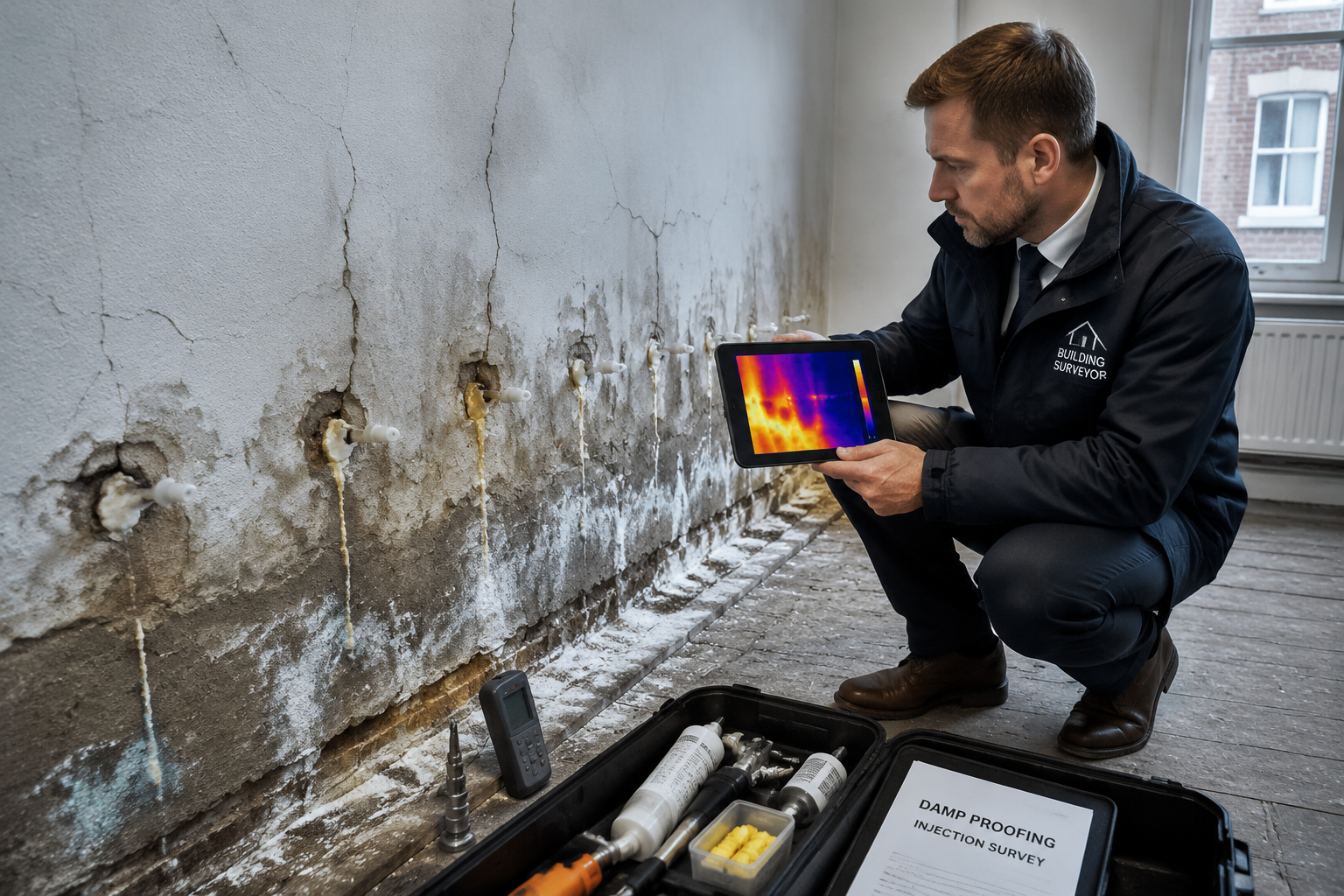 Wide-angle editorial photograph of a surveyor in professional attire crouching beside a visibly botched damp-proofing repair