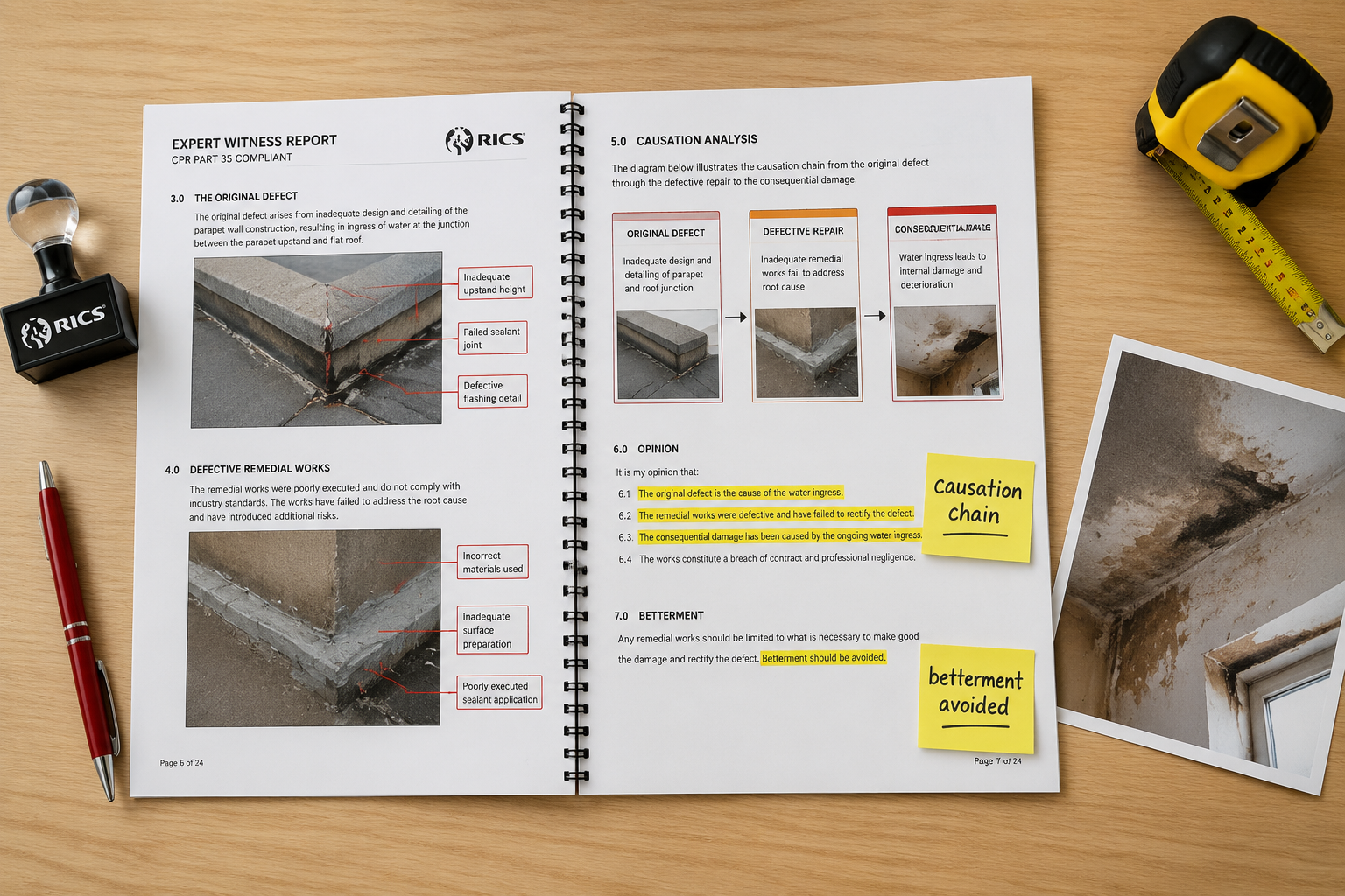 Overhead flat-lay editorial image of a professional CPR-compliant expert witness report document spread open on a light oak