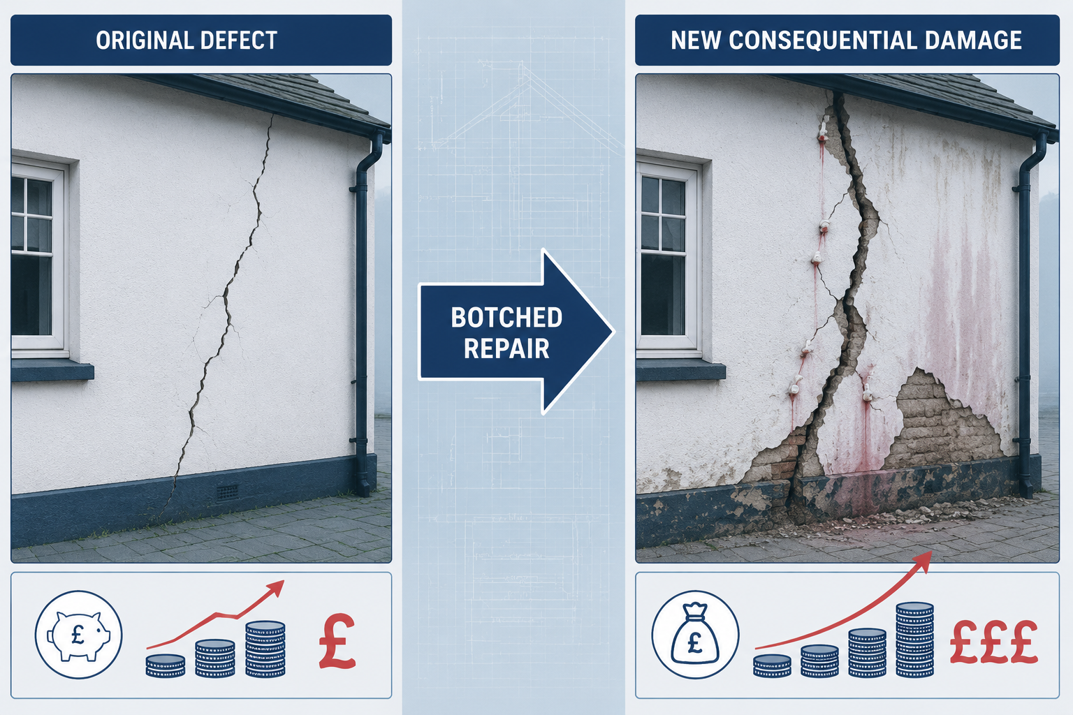 Split-panel editorial illustration showing left side: a property with original structural crack before remedial works,