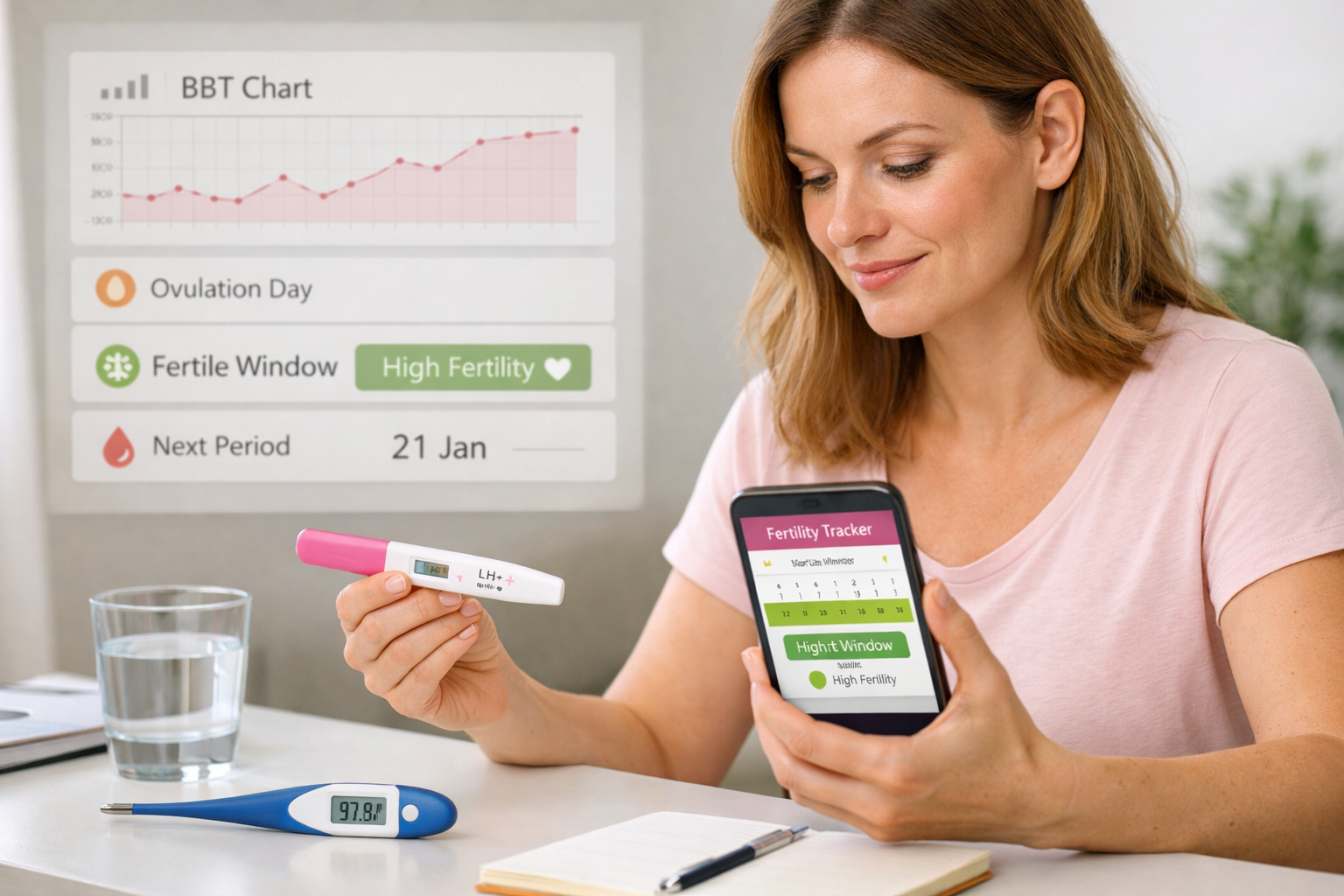 An image depicting a woman (around 35) tracking her fertility, with visual elements like an ovulation test stick, a thermometer for BBT, and