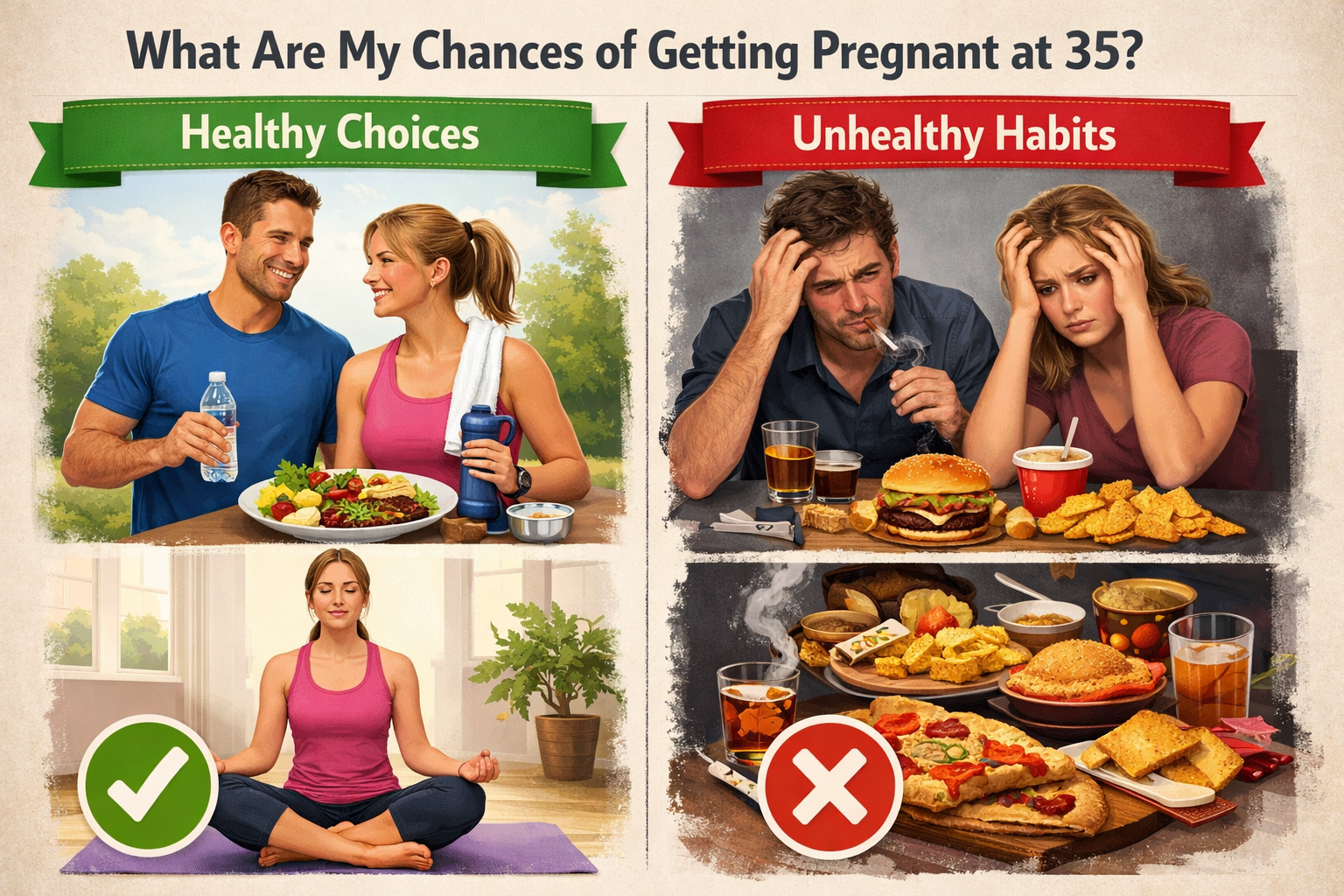 A side-by-side comparison image: on one side, a couple around 35 engaging in healthy lifestyle choices (e.g., exercising, eating a balanced 