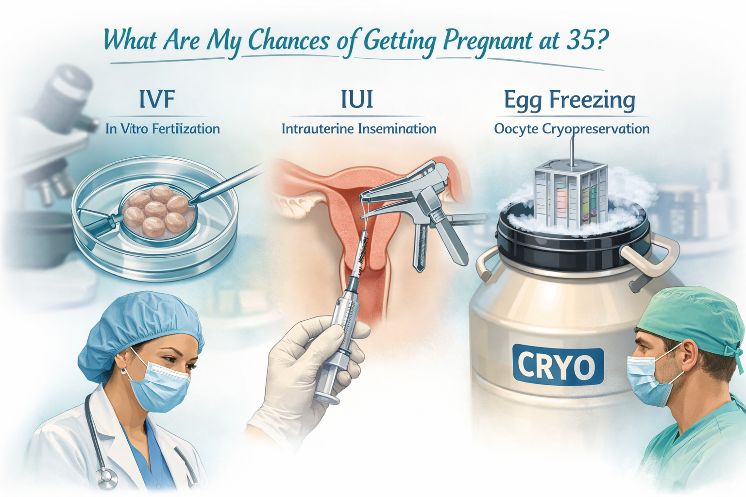 An illustrative image showing various assisted reproductive technologies (ART) options: IVF (a petri dish with embryo), IUI (a speculum and 