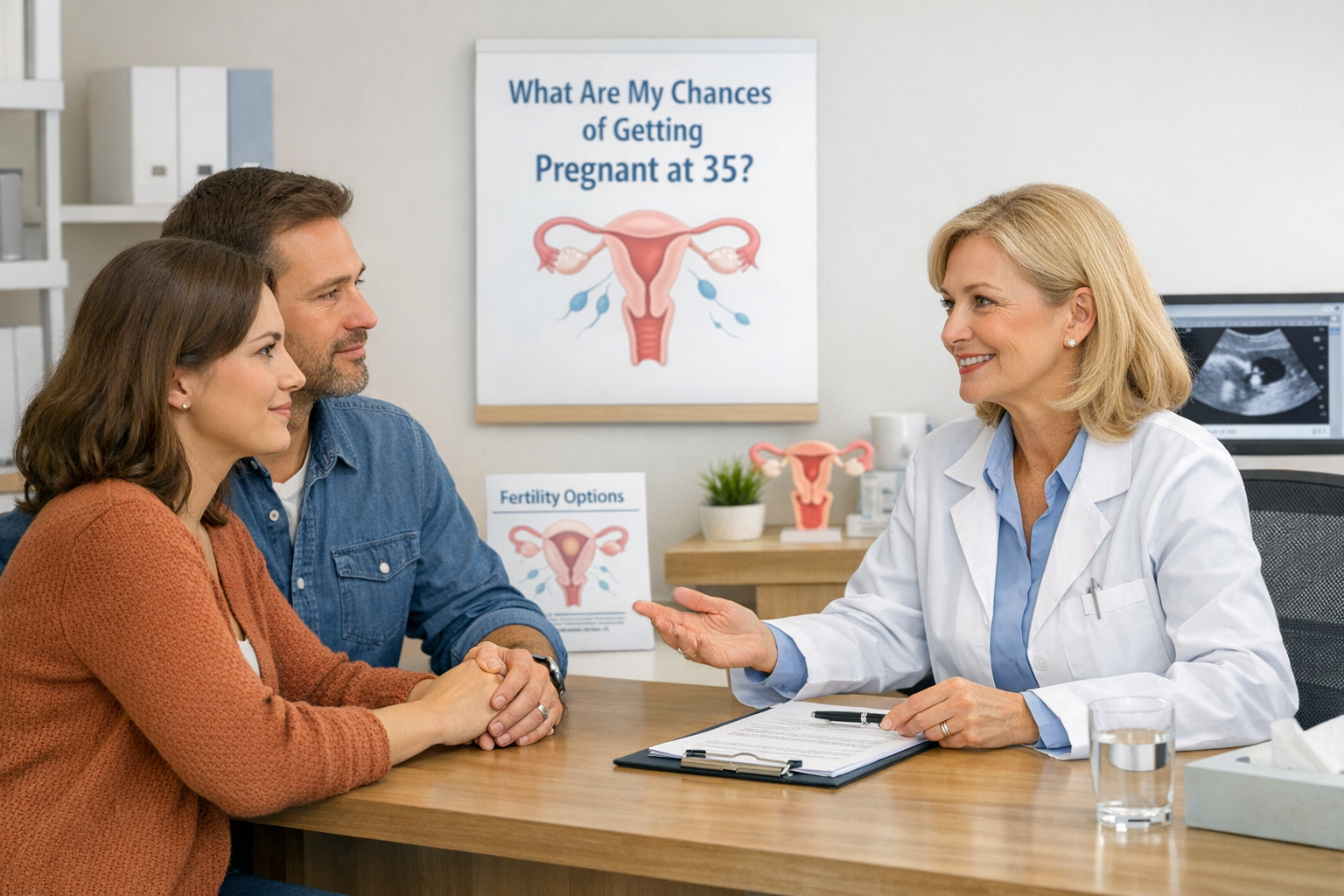 A thoughtful and supportive image of a couple around 35 consulting with a fertility specialist (doctor in a lab coat, clear communication). 