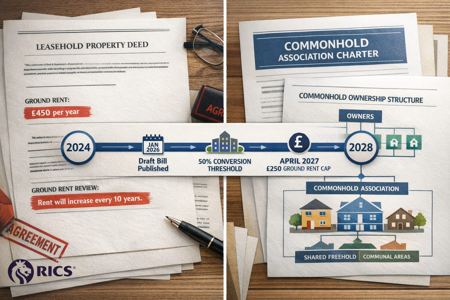 Detailed () image showing split-screen comparison: left side displays traditional leasehold property deed documents with