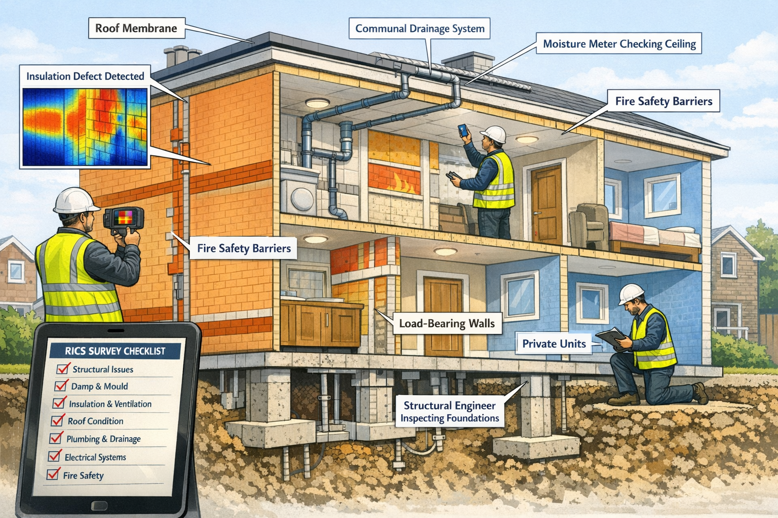 Detailed () technical illustration showing cutaway cross-section view of multi-unit residential building with surveyor