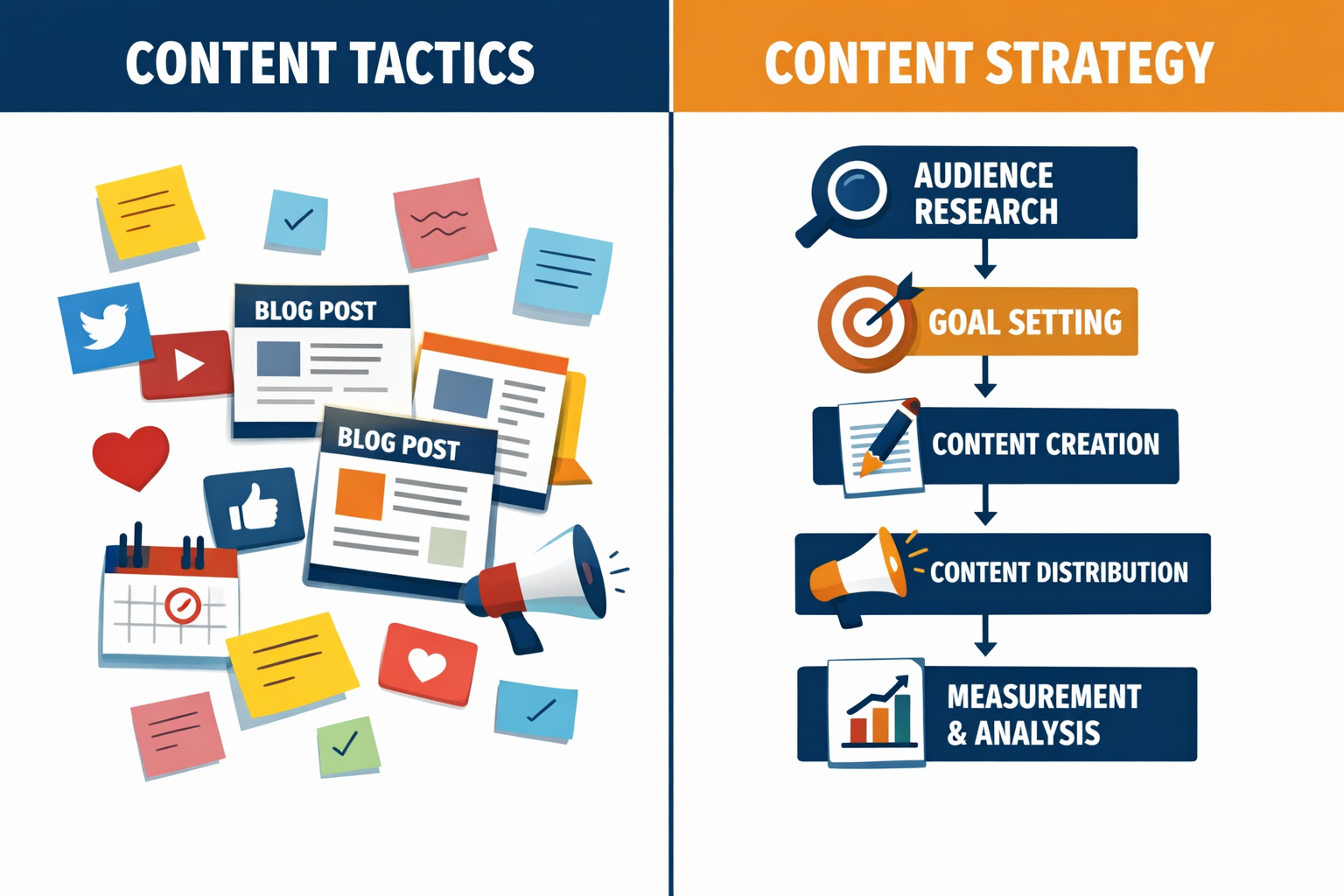 Digital illustration, graphic design style, Landscape format (1536x1024) concept illustration showing a split-screen comparison: left side labeled 'Content Tactics' with scattered sticky notes, random blog posts, and disconnected social icons; right side labeled 'Content Strategy' with a clean flowchart showing audience research feeding into goal-setting, then content creation, distribution, and measurement. Bold labels, navy and amber color palette, flat design style with subtle depth, white background, professional infographic aesthetic specific to content strategy planning.