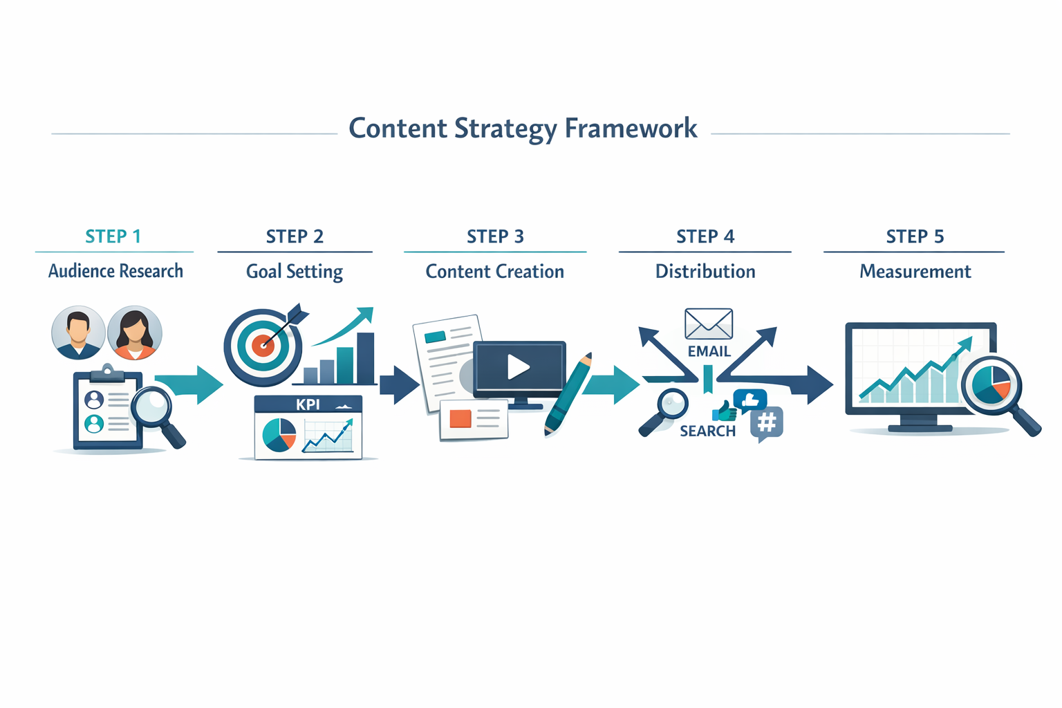 Digital illustration, graphic design style, Landscape format (1536x1024) detailed process diagram showing five sequential steps of a content strategy framework: Step 1 Audience Research with user persona icons, Step 2 Goal Setting with KPI charts, Step 3 Content Creation with document and video icons, Step 4 Distribution with multi-channel arrows pointing to email, search, and social, Step 5 Measurement with a rising analytics graph. Each step connected by directional arrows, color-coded in teal and navy, clean sans-serif labels, white background, professional editorial quality.