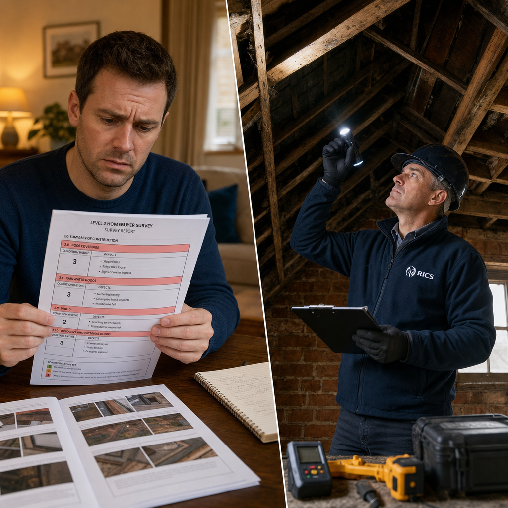 Detailed () image showing a split-scene comparison: left side depicts a worried homebuyer holding a Level 2 Homebuyer Survey