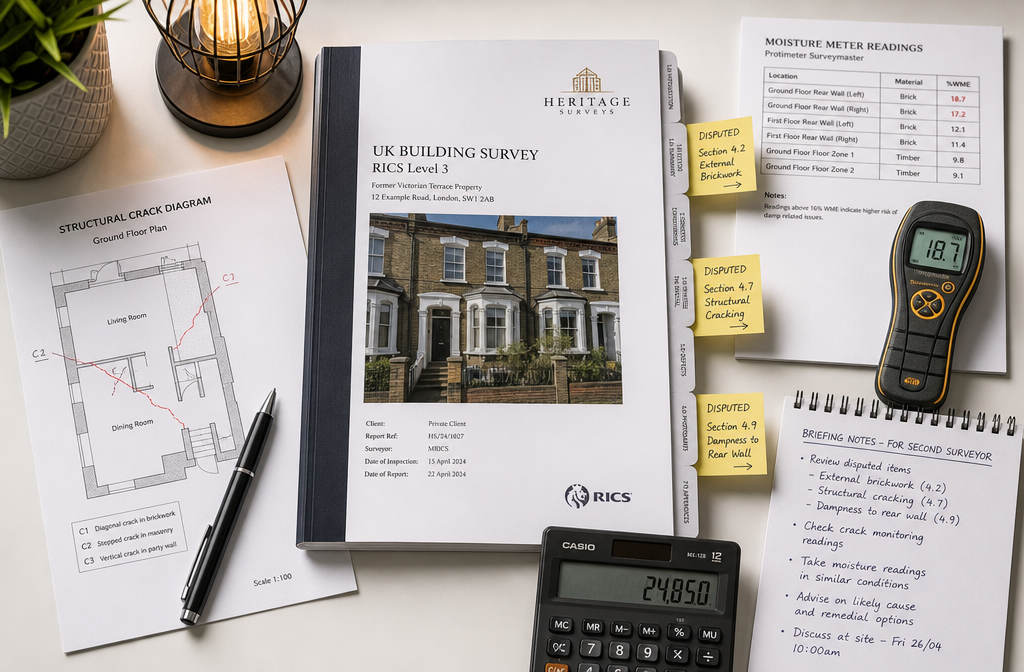 Detailed () overhead flat-lay image on a clean white desk surface showing a UK building survey report with sticky notes