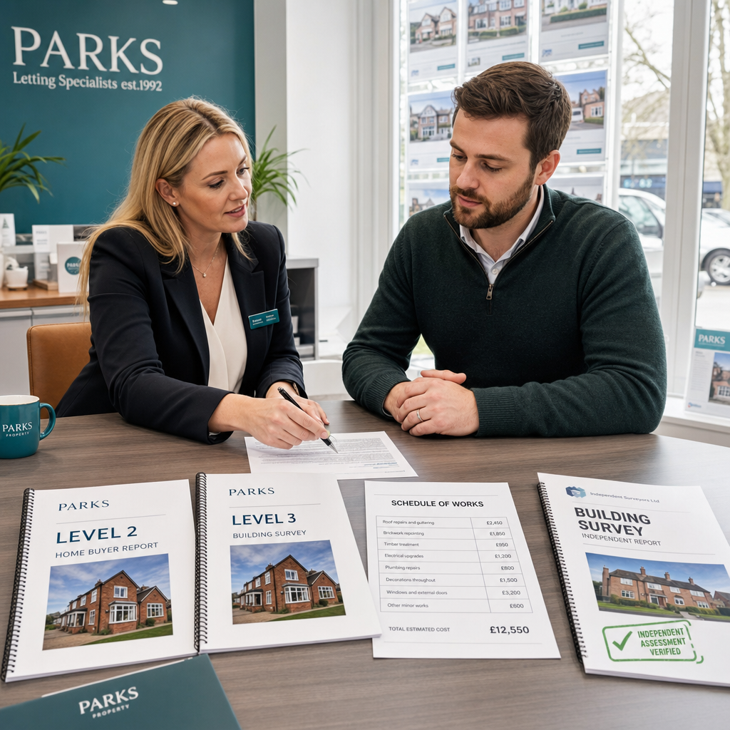 Detailed () image depicting a professional negotiation scene: a homebuyer and estate agent seated at a table in a bright UK