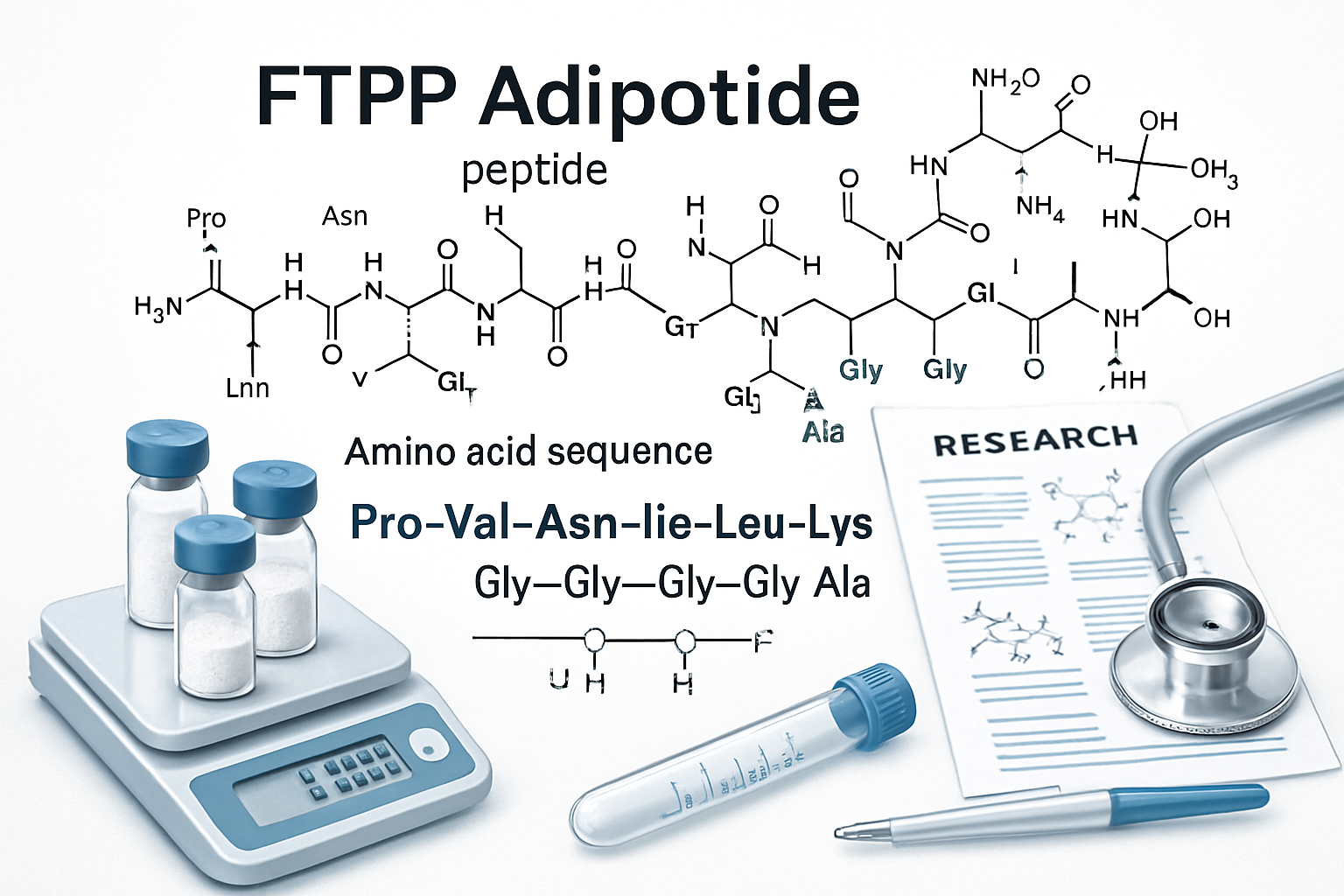 Detailed scientific illustration showing FTPP Adipotide peptide molecular structure with amino acid sequence, laboratory vials containing ly