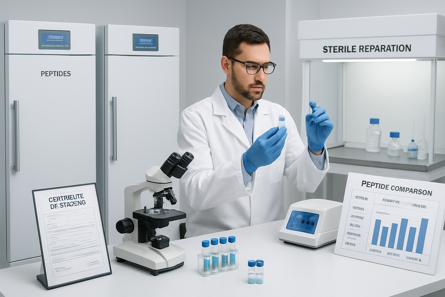 Professional research laboratory scene featuring peptide storage refrigeration units, quality testing equipment, certificate of analysis doc