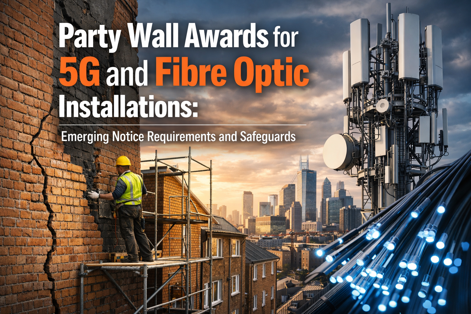 Professional landscape hero image () with : "Party Wall Awards for 5G and Fibre Optic Installations: Emerging Notice