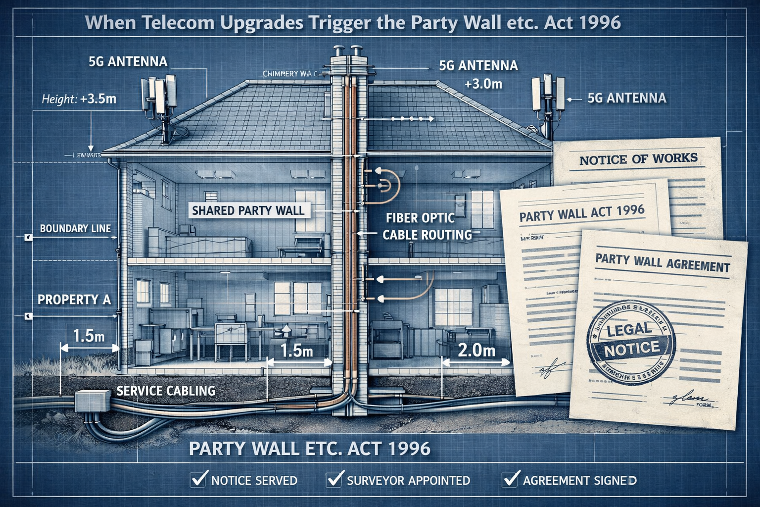 Conceptual illustration depicting telecommunications infrastructure intersecting with residential property boundaries,