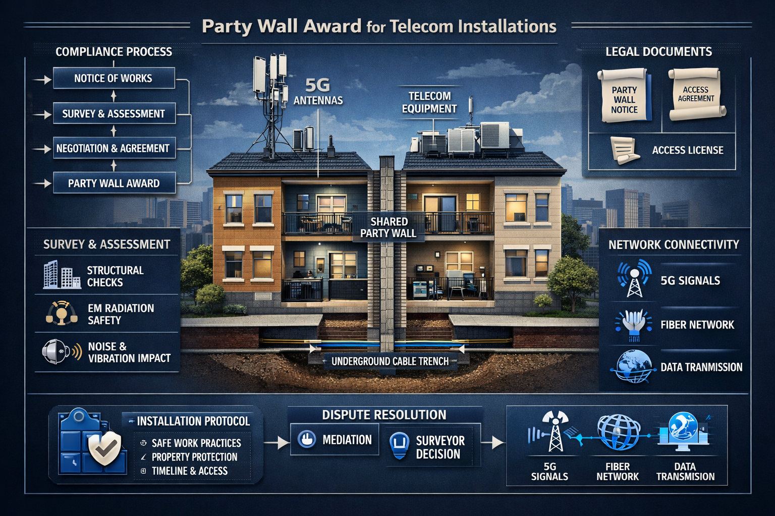 Comprehensive visual explainer of Party Wall Awards for emerging telecommunications infrastructure, featuring a