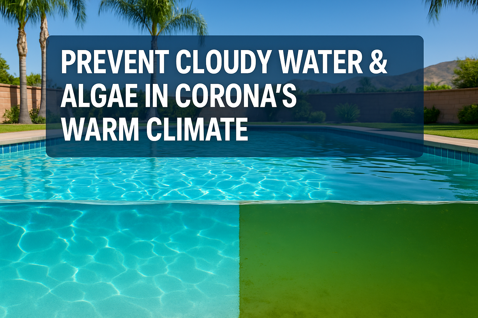 Professional landscape hero image (1536x1024) featuring bold text overlay 'Prevent Cloudy Water & Algae in Corona's Warm Climate' in extra l