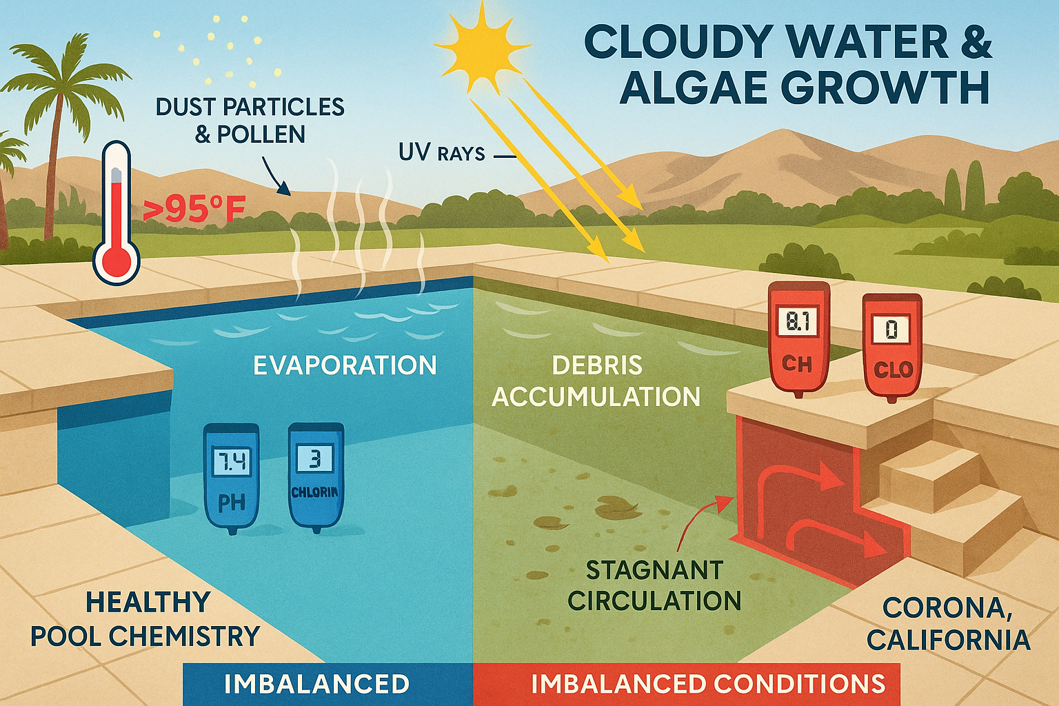 Detailed landscape infographic (1536x1024) showing cross-section diagram of Corona swimming pool with labeled problem areas causing cloudy w