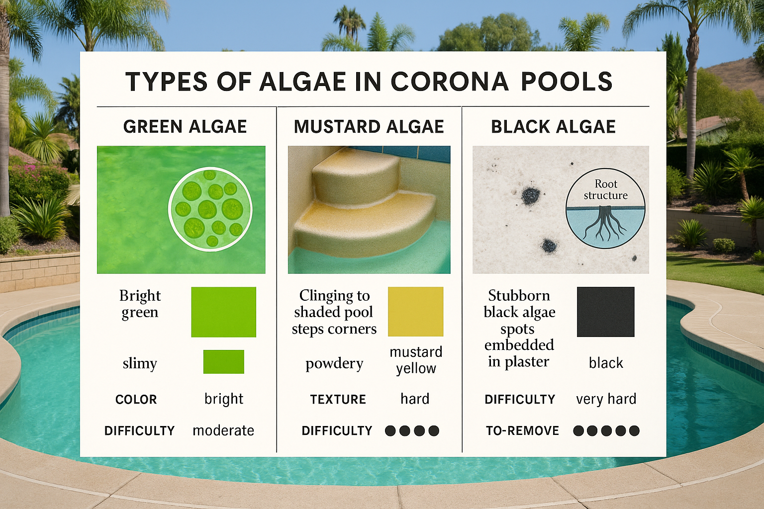 Detailed landscape educational chart (1536x1024) displaying three types of algae commonly found in Corona pools with side-by-side comparison