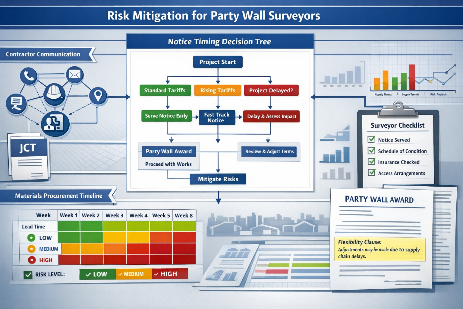 Detailed landscape format (1536x1024) strategic planning visualization showing risk mitigation framework for party wall surveyors. Central f
