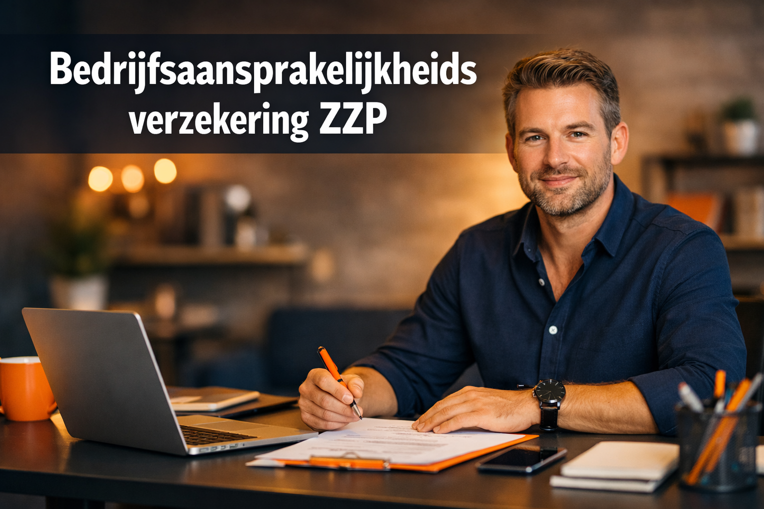 Professional () hero image with Dutch 'Bedrijfsaansprakelijkheidsverzekering ZZP' in extra large white with dark drop ,