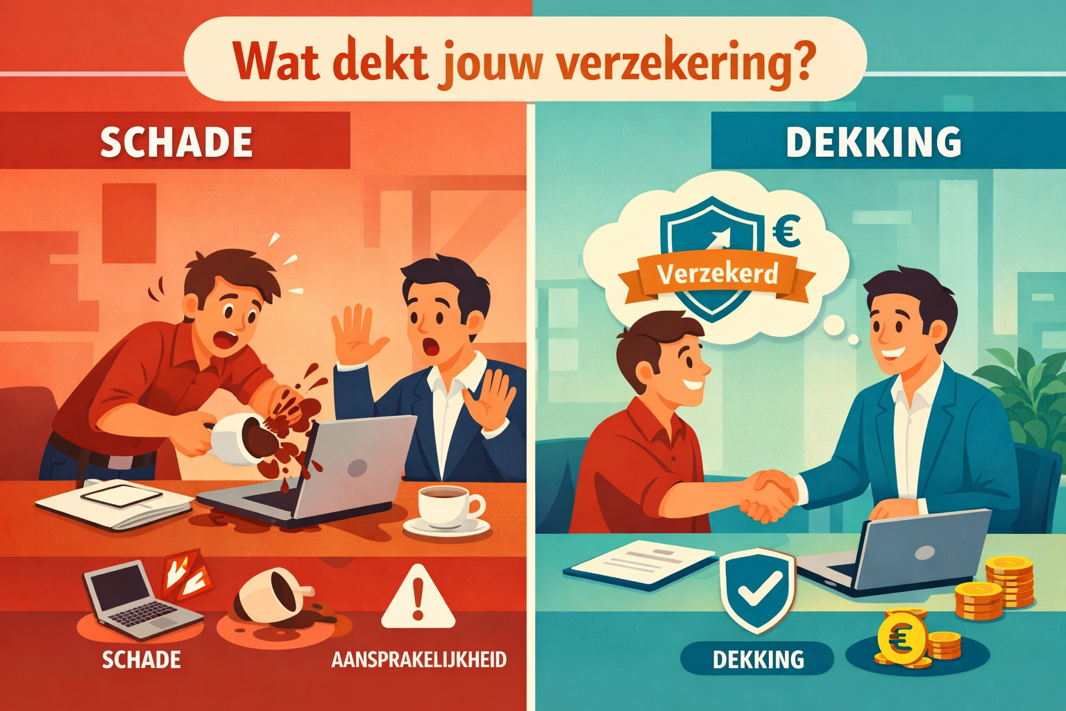 () editorial illustration showing a Dutch ZZP freelancer accidentally spilling coffee on a client laptop at a meeting table,