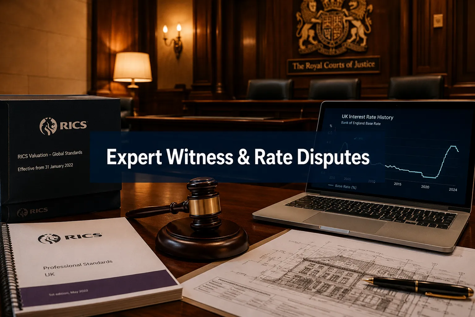 Professional () hero image with (≤42 chars): 'Expert Witness & Rate Disputes' in crisp white on a deep navy semi-transparent