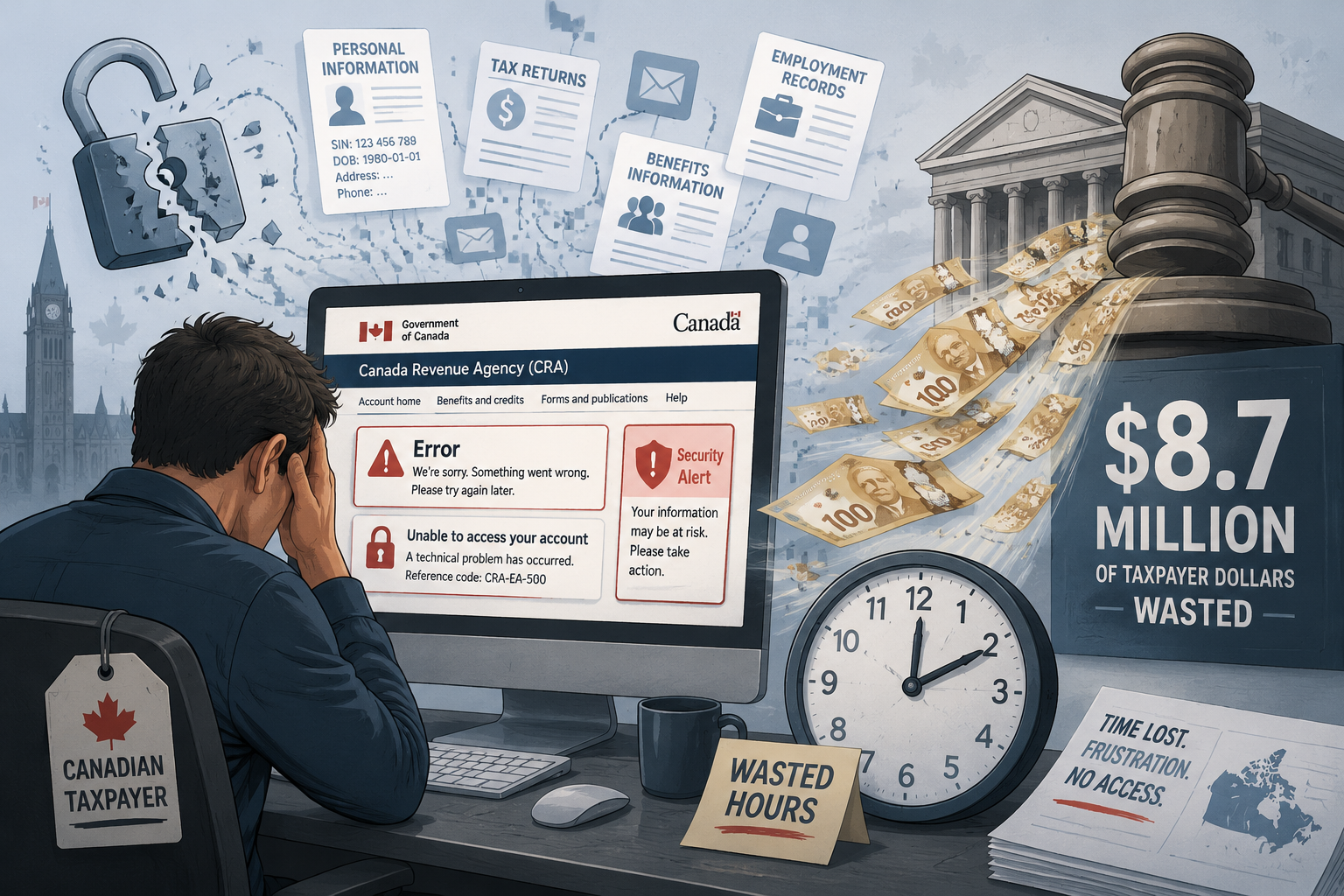() editorial illustration showing a Canadian taxpayer sitting at a computer with a frustrated expression, surrounded by