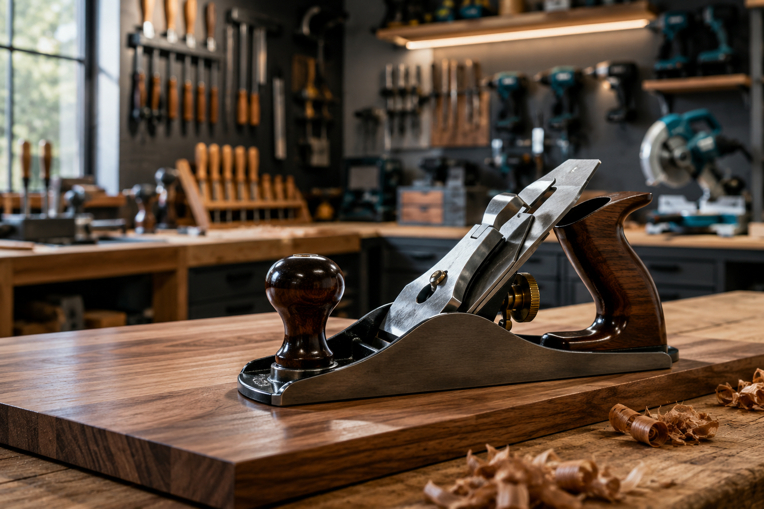 Professional () hero image depicting a finely tuned vintage handplane resting on a smoothly planed wooden board, with a