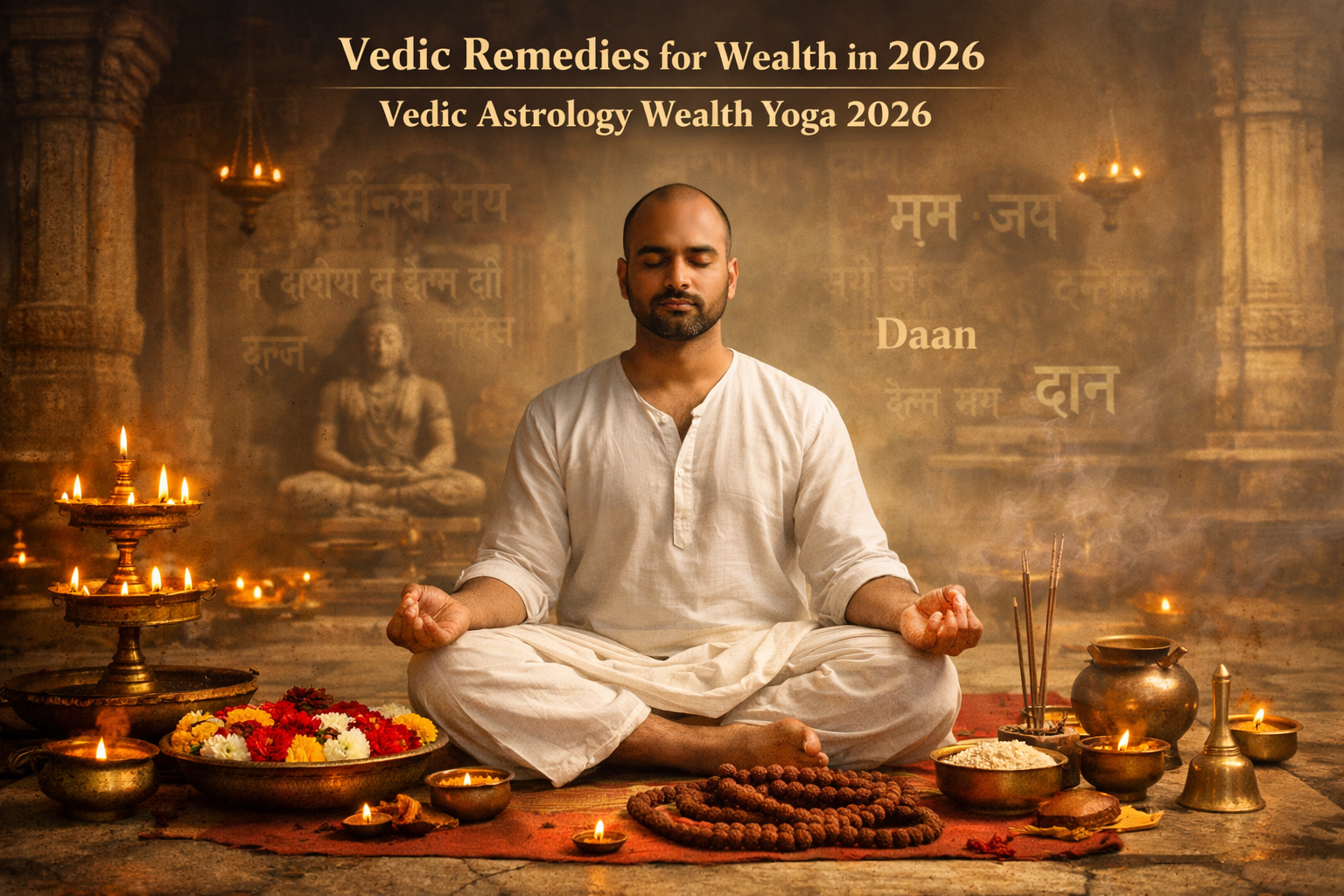 एक शांत और आध्यात्मिक वातावरण का विस्तृत लैंडस्केप फॉर्मेट दृश्य () जहाँ एक व्यक्ति ध्यान मुद्रा में बैठा है. उसके चारों ओर