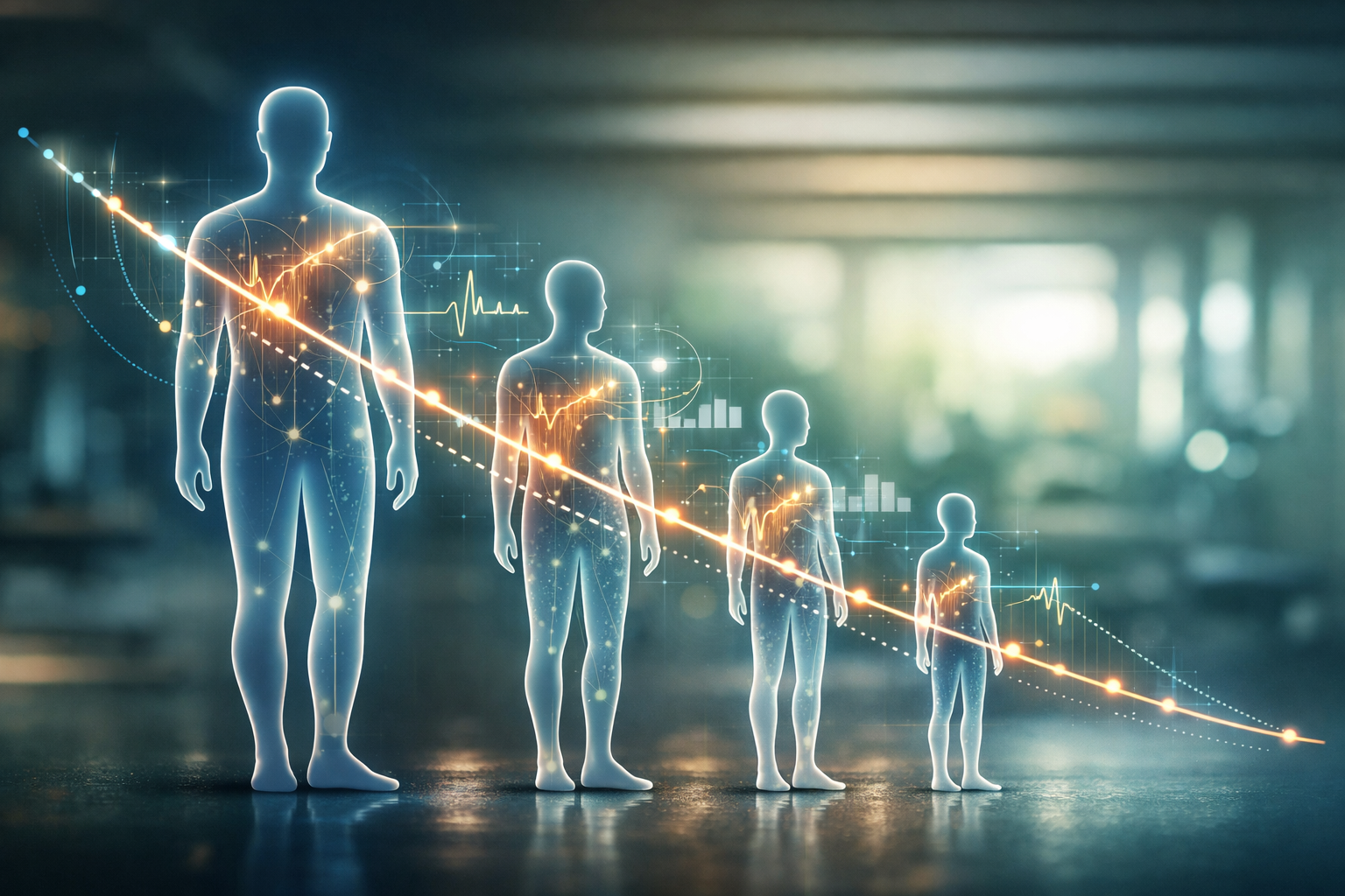 Professional landscape format (1536x1024) hero image depicting a stylized human silhouette gradually shrinking over time, overlaid with subt