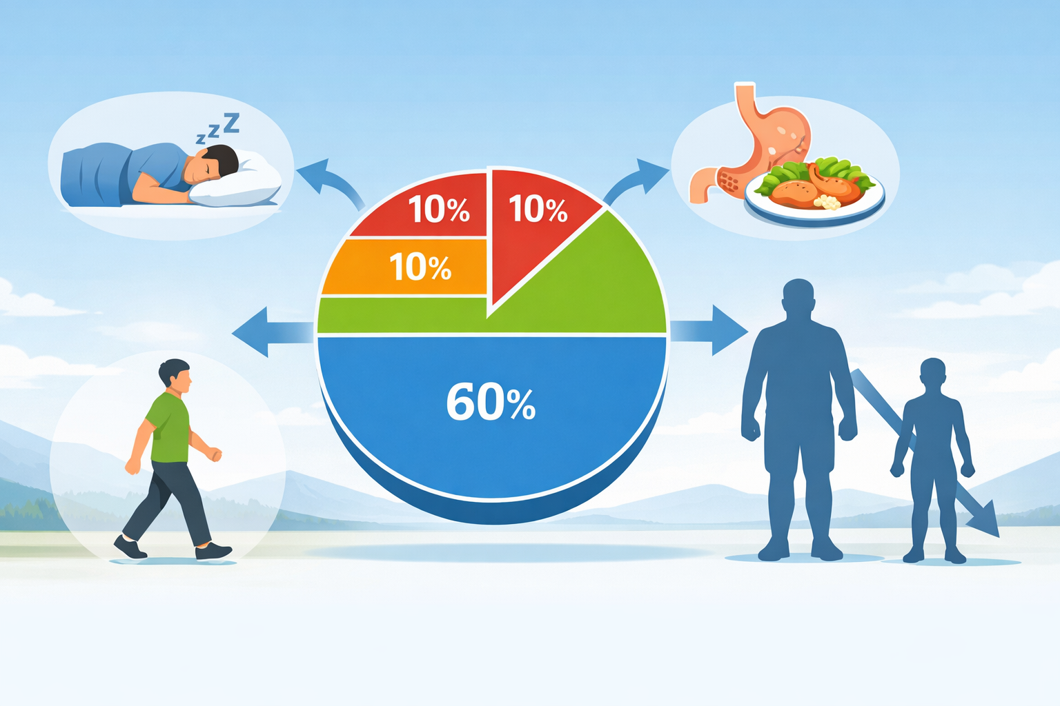 Detailed landscape format (1536x1024) image illustrating the components of Total Daily Energy Expenditure (TDEE) with a visual breakdown. A 